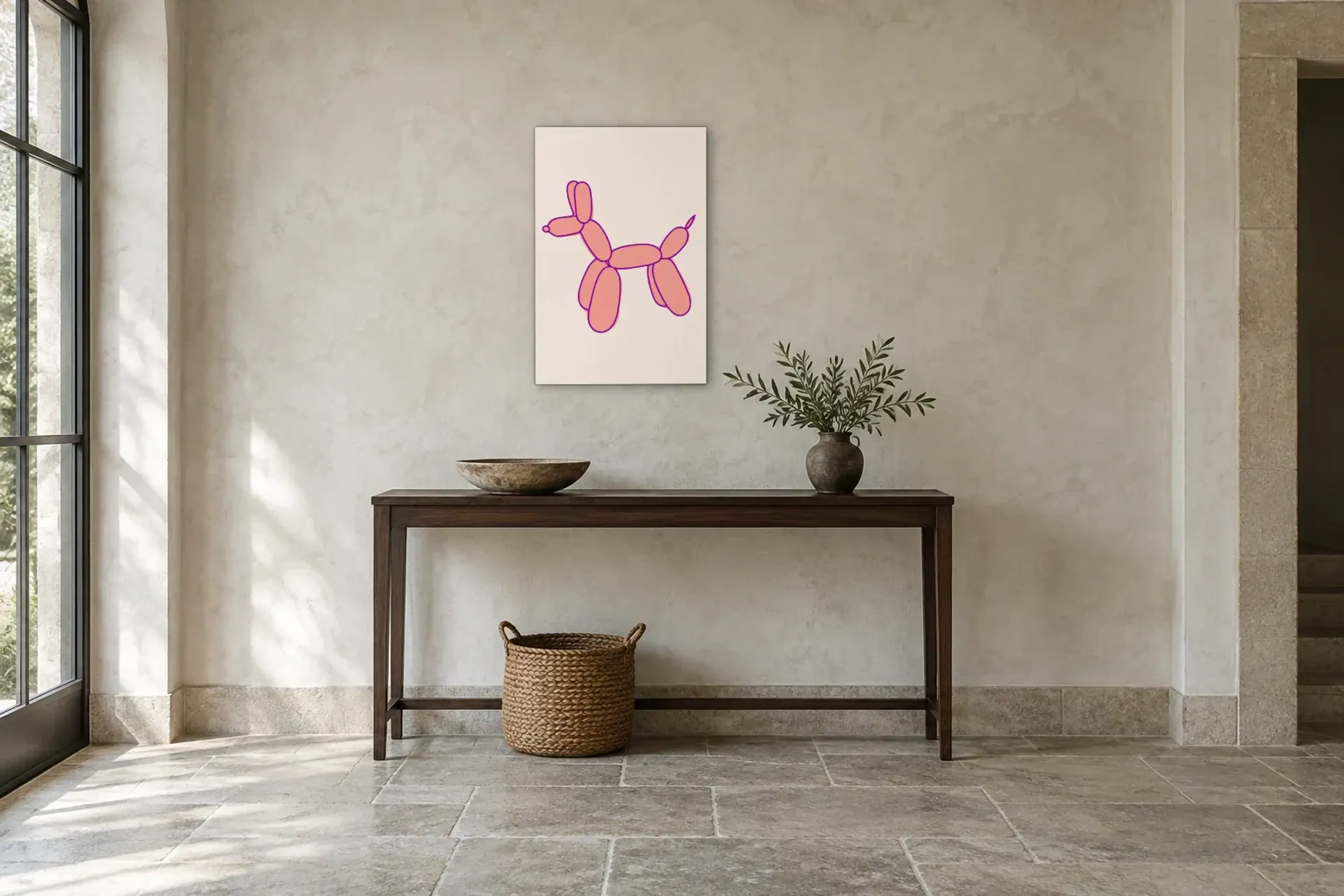 Ballonhund in Rosa als Wandbild über einer 120-cm-Konsole