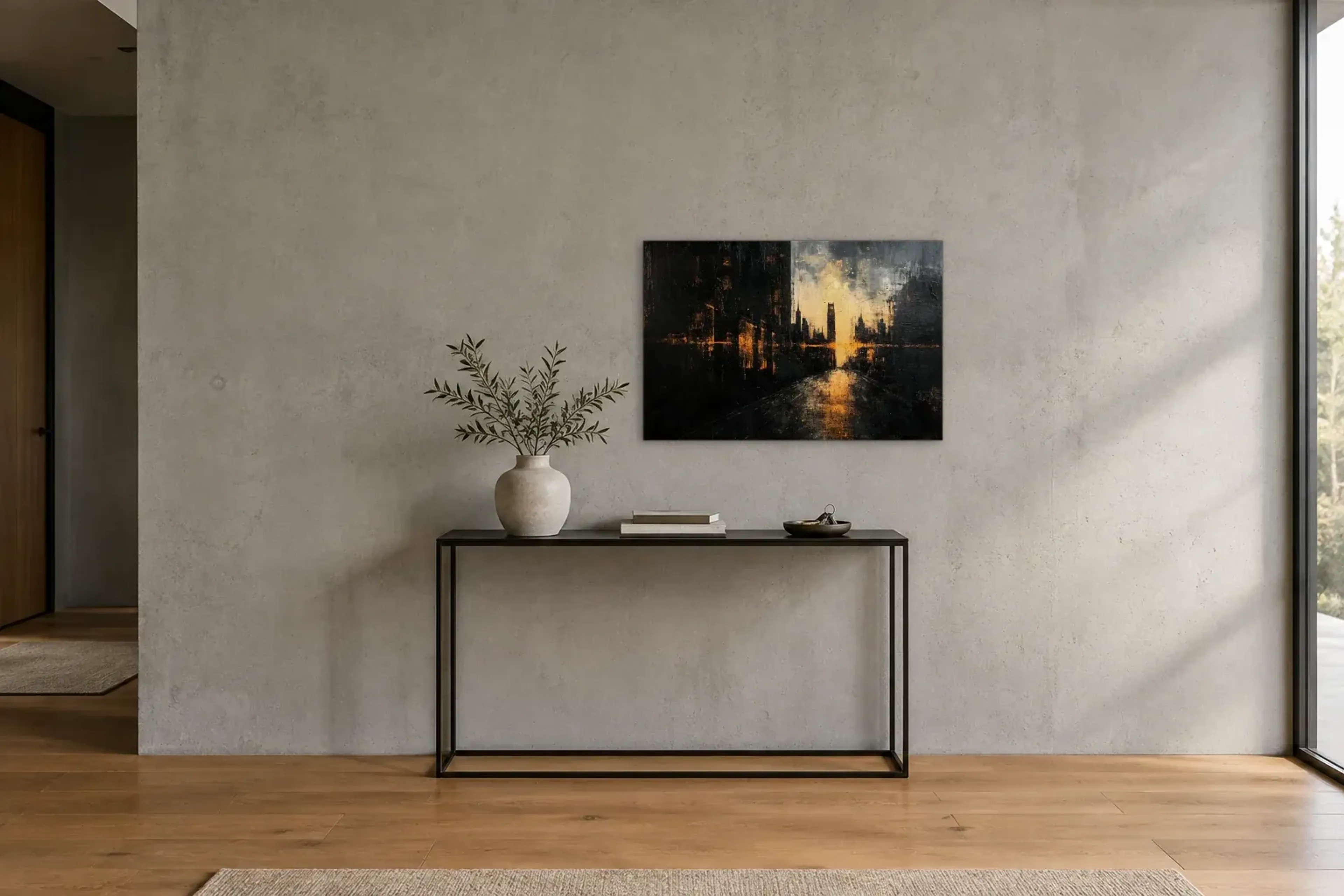 Stadt im Abendlicht als Wandbild über einer 120-cm-Konsole