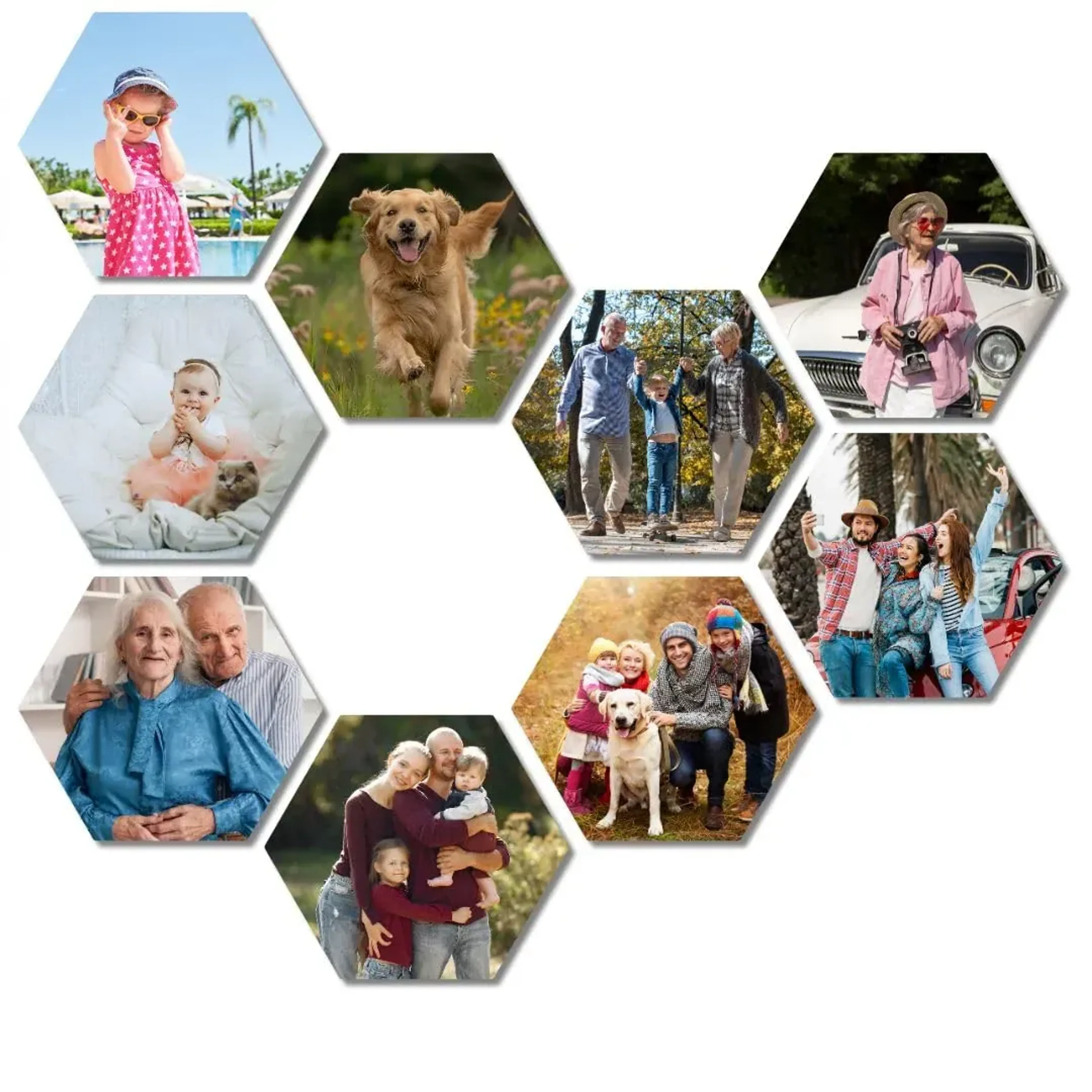 Acht sechseckige Fotoflächen mit beispielhaften Familien-, Kinder-, Hunde- und Urlaubsmotiven auf weißem Grund.