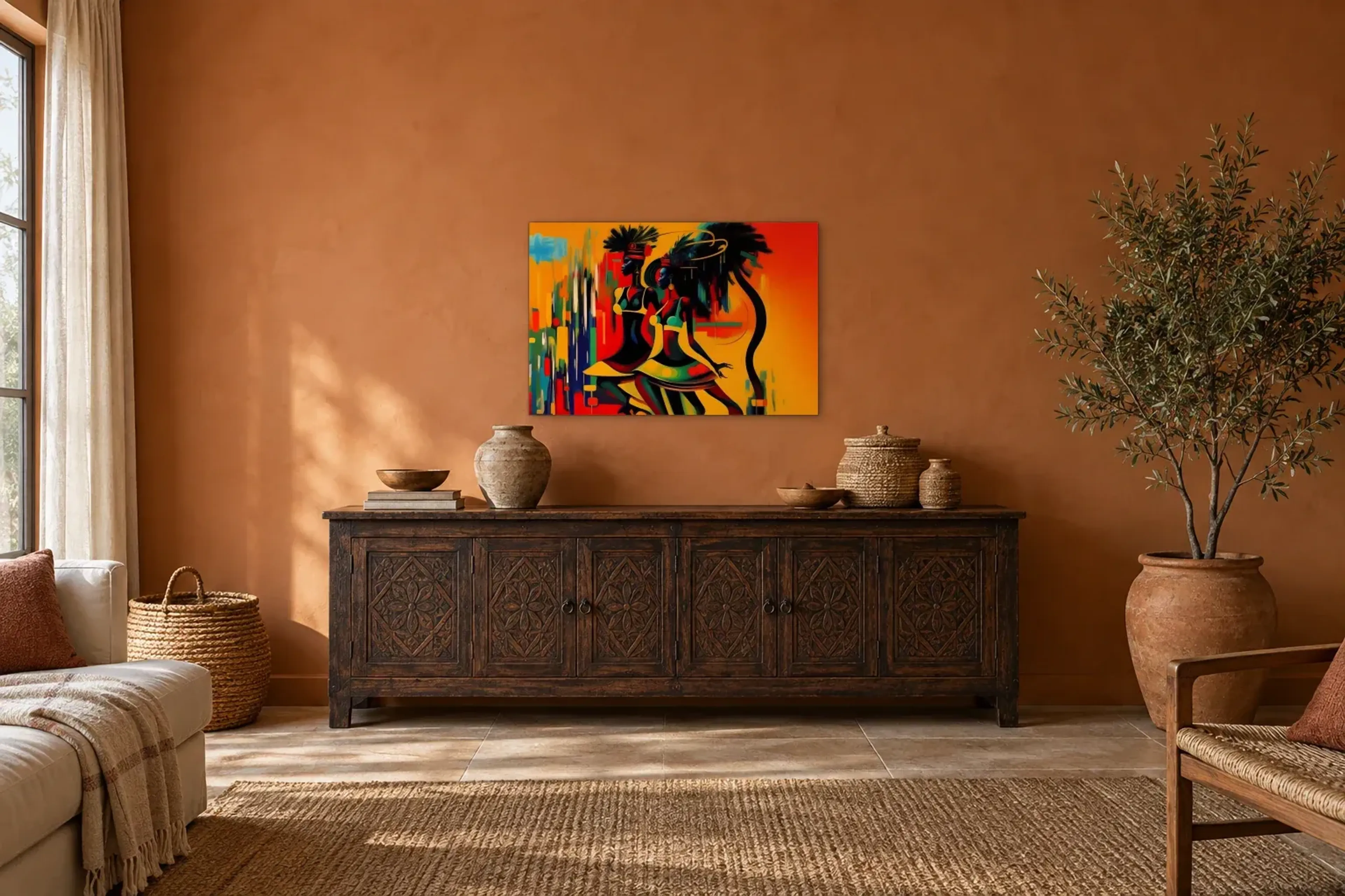 Frauen mit Federschmuck als Wandbild über einem 180-cm-Sideboard