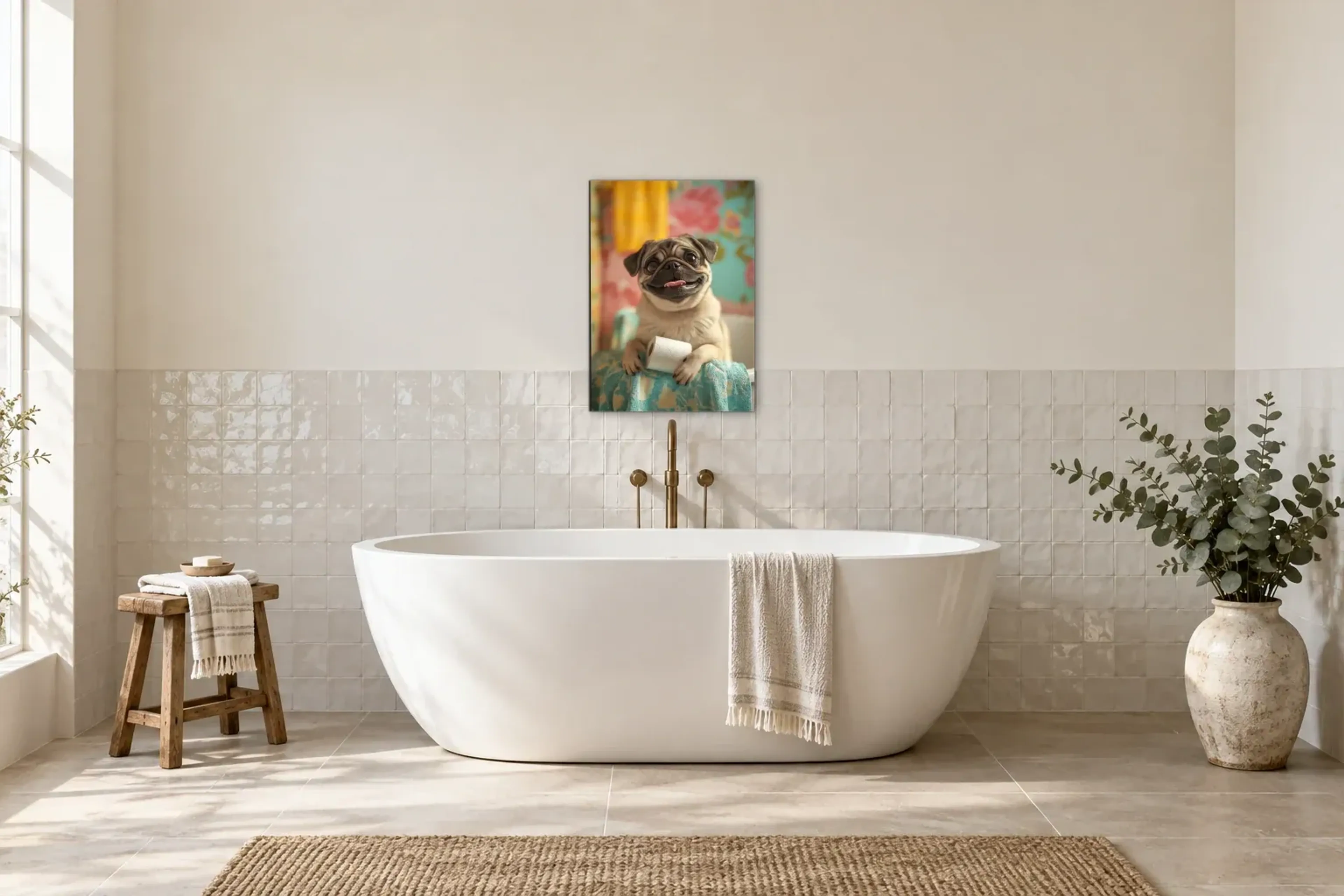 Mops mit Klopapier als Wandbild über einer 170-cm-Badewanne