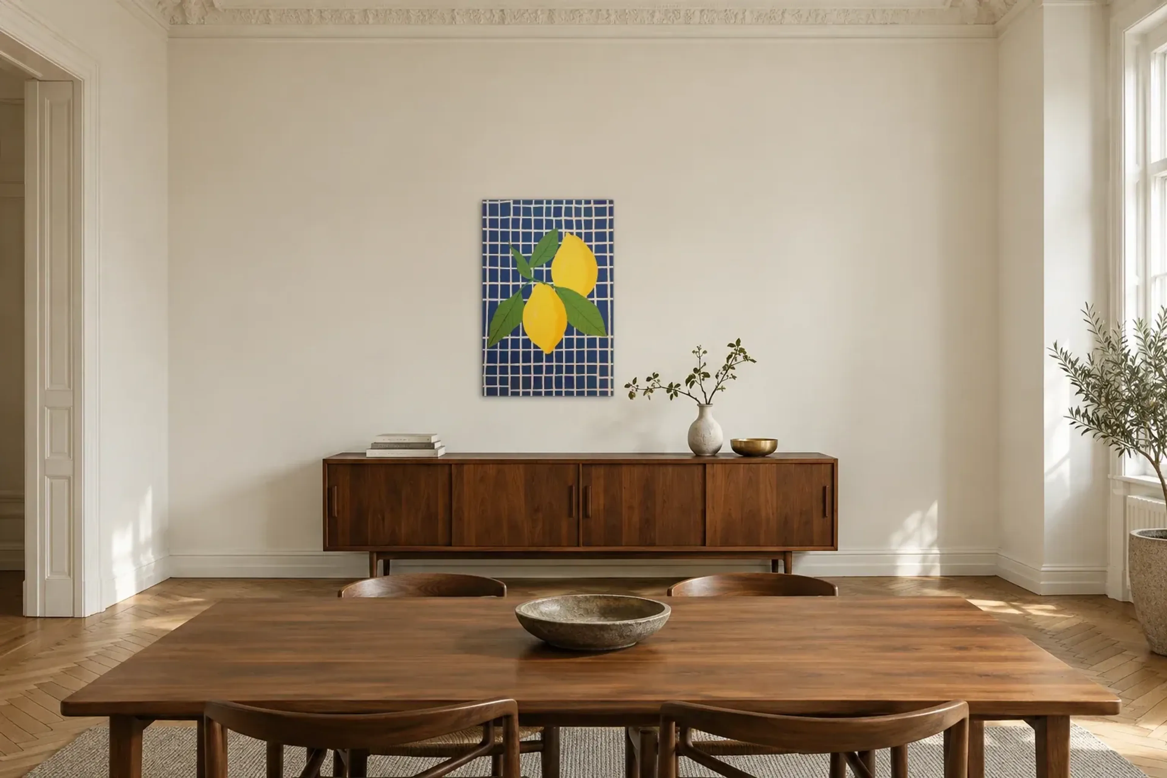 Zitronen auf blauem Gitter als Wandbild über einem 200-cm-Sideboard