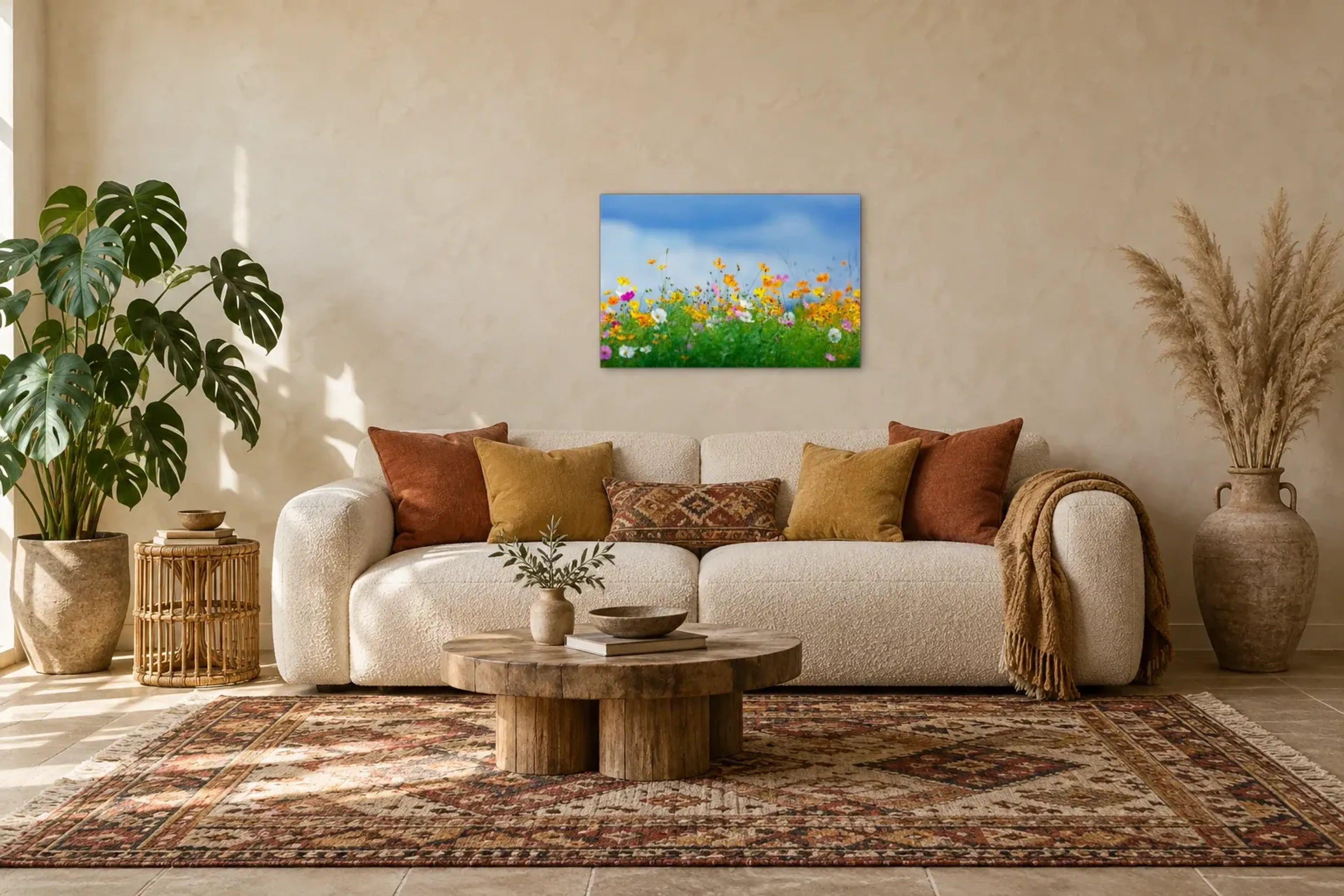 Bunte Blumenwiese als Wandbild über einem 220-cm-Sofa