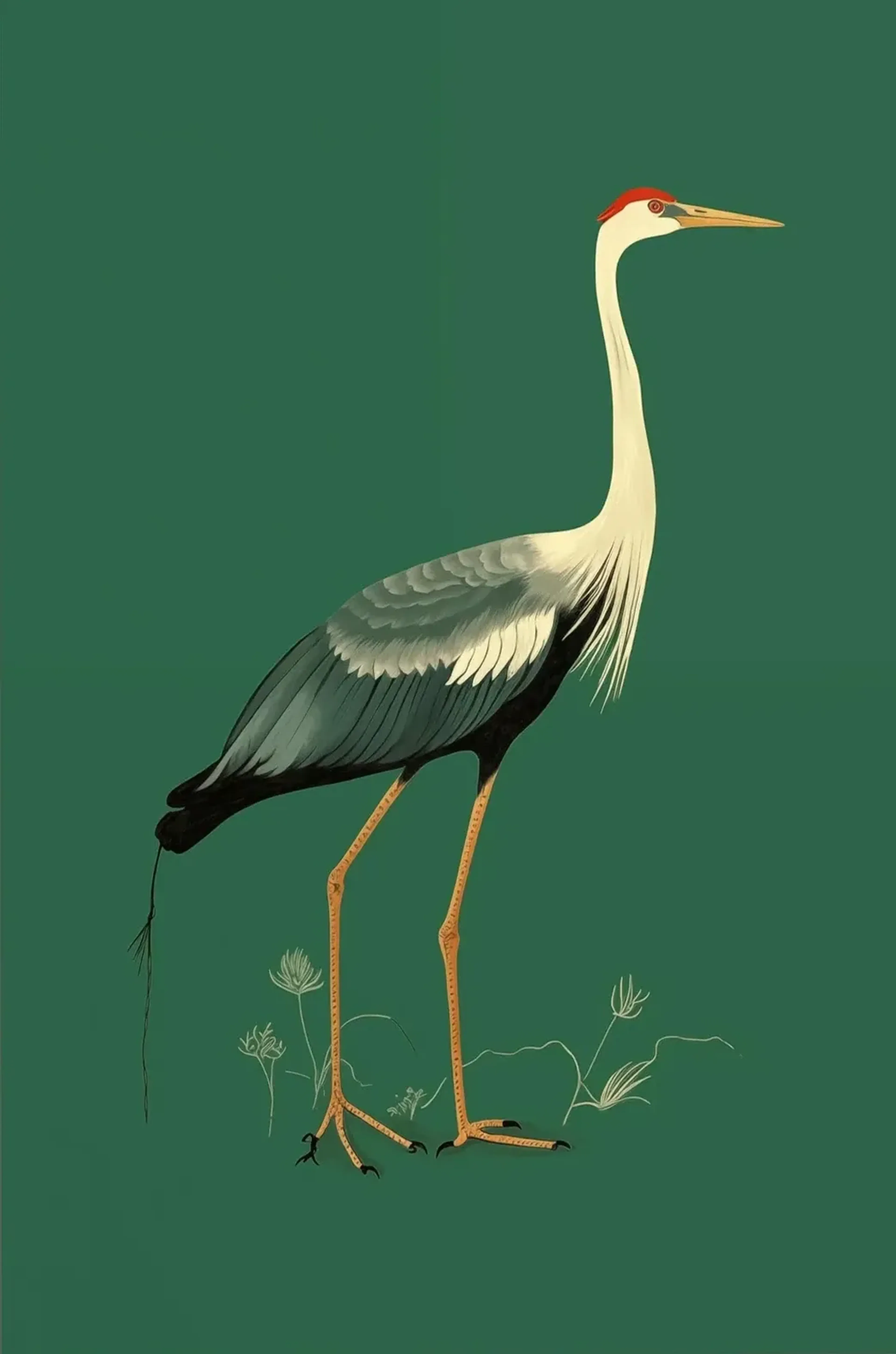 Langbeiniger Vogel auf Grün – Motiv als Wandbild auf Holz