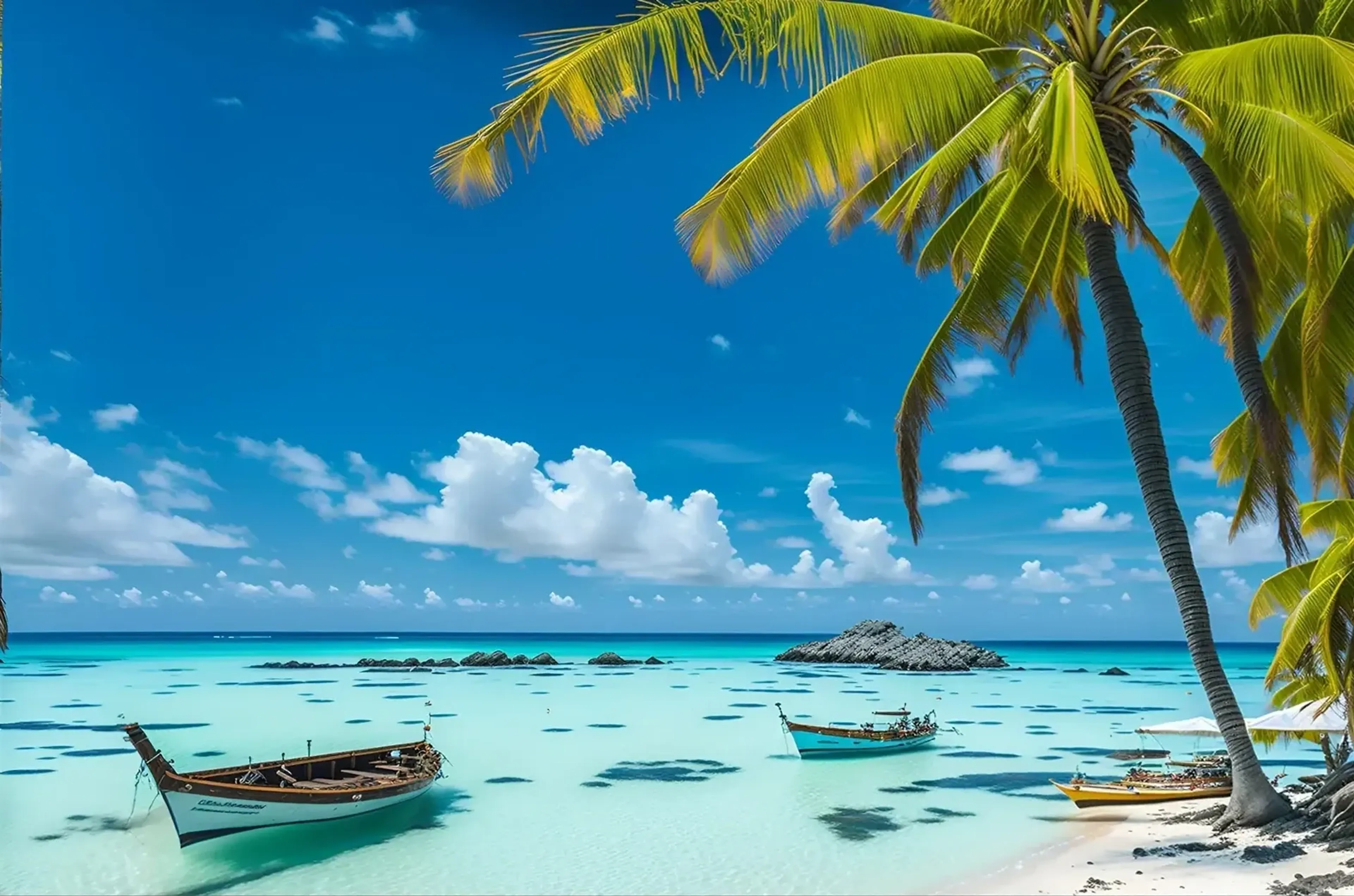 Holzboote in türkisfarbenem Wasser vor einem hellen Strand mit Palmen unter blauem Himmel.
