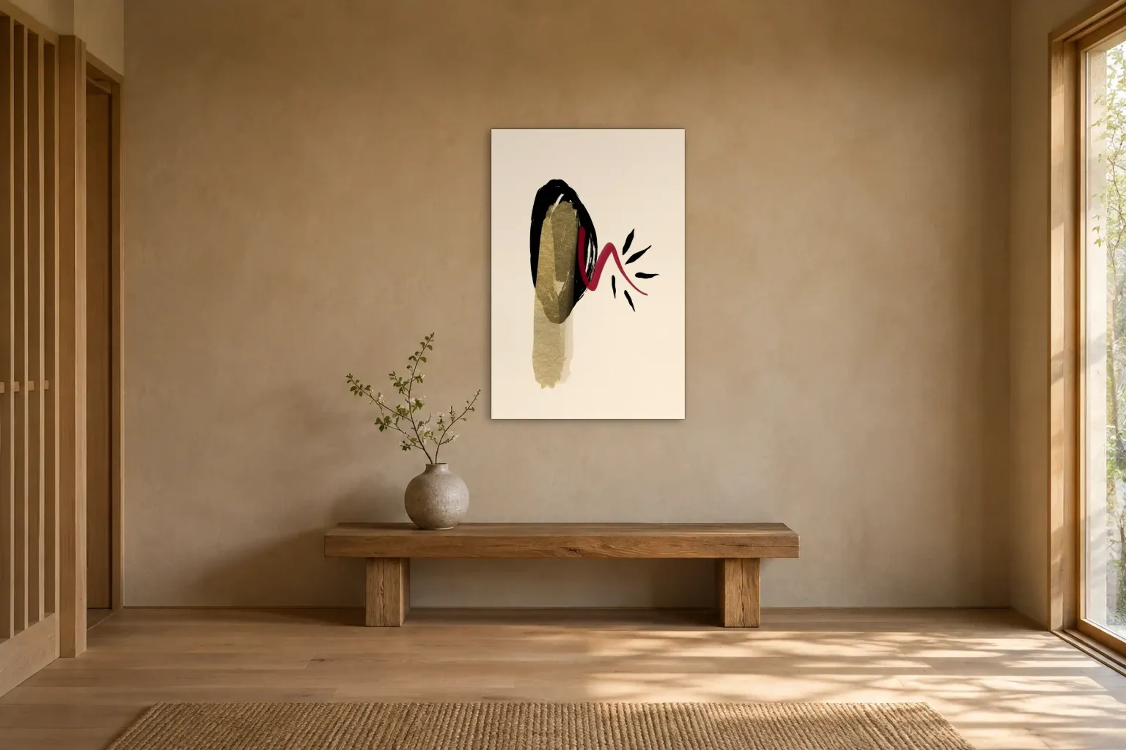 Goldspur mit rotem Schwung als Wandbild über einer 120-cm-Holzbank