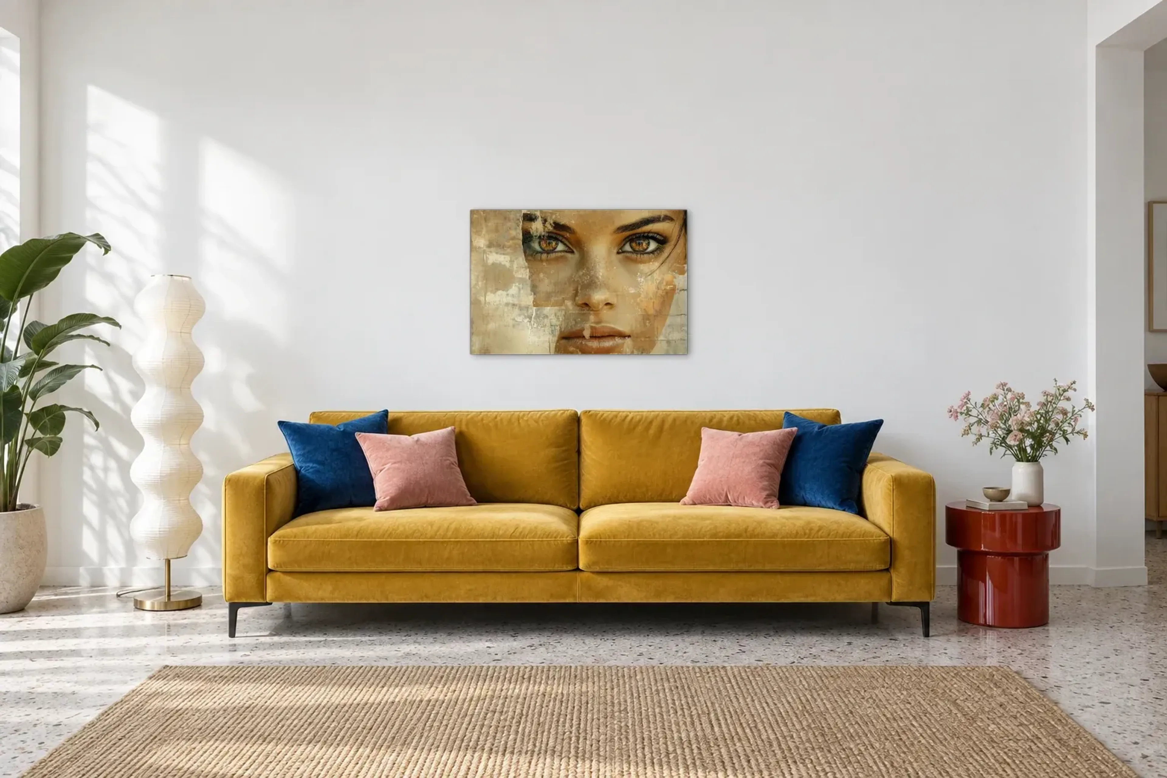 Blick in Bernstein als Wandbild über einem 220-cm-Sofa