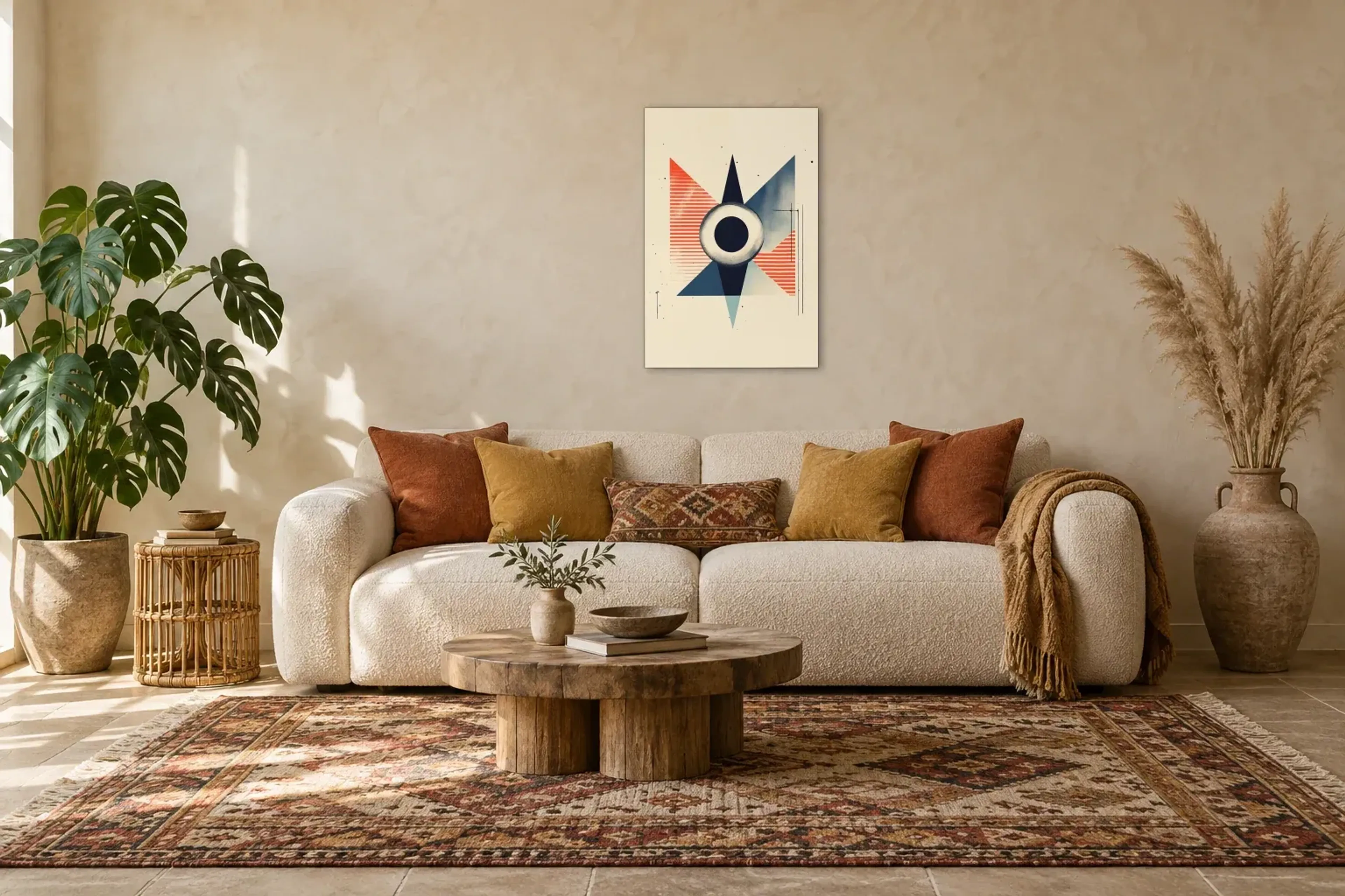 Kreis und Dreiecke als Wandbild über einem 220-cm-Sofa
