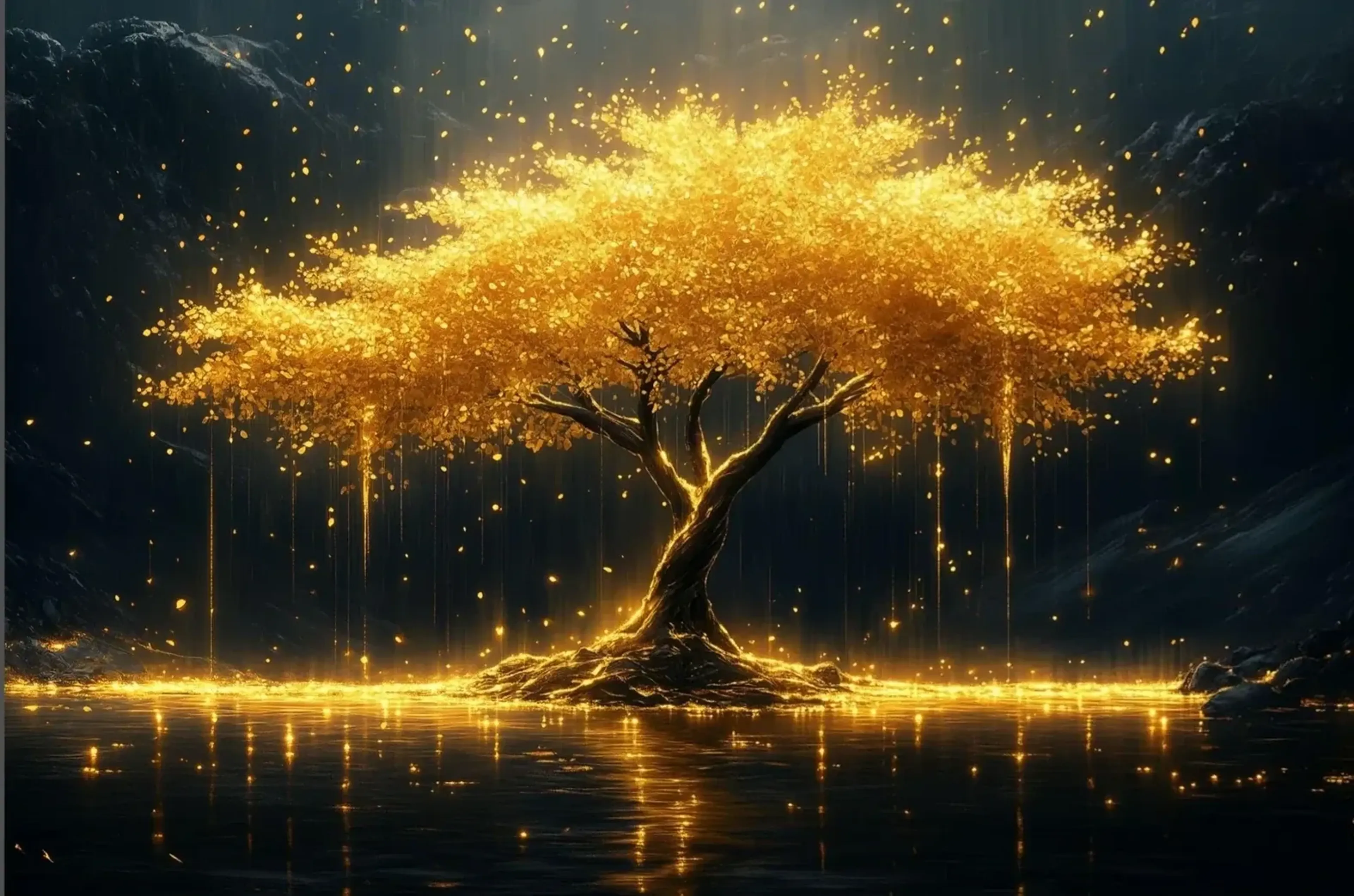 Ein Baum mit breiter goldener Krone und gedrehtem Stamm leuchtet auf einer kleinen Insel zwischen dunklen Felsen.