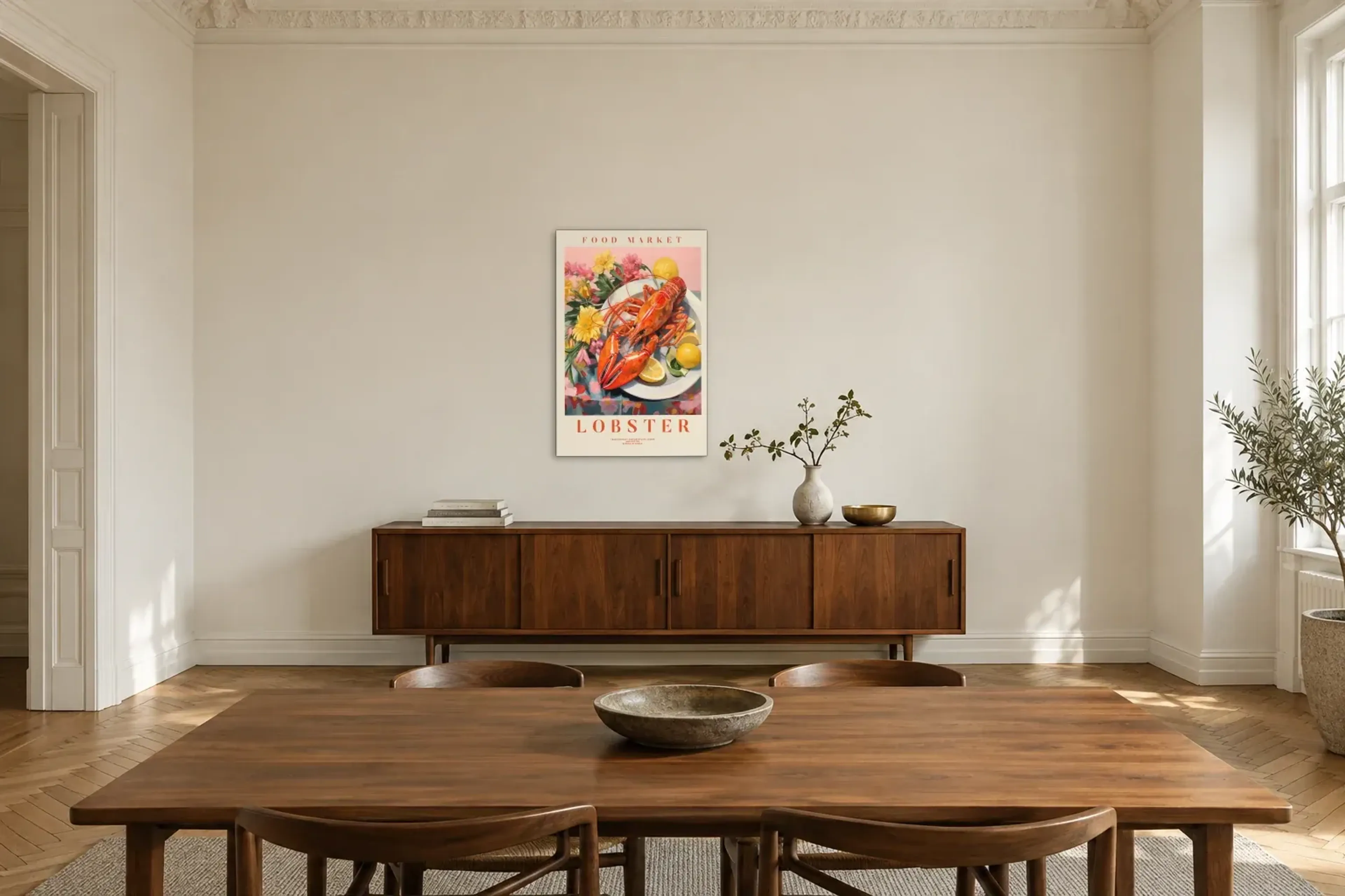 Hummer mit Zitronen als Wandbild über einem 200-cm-Sideboard