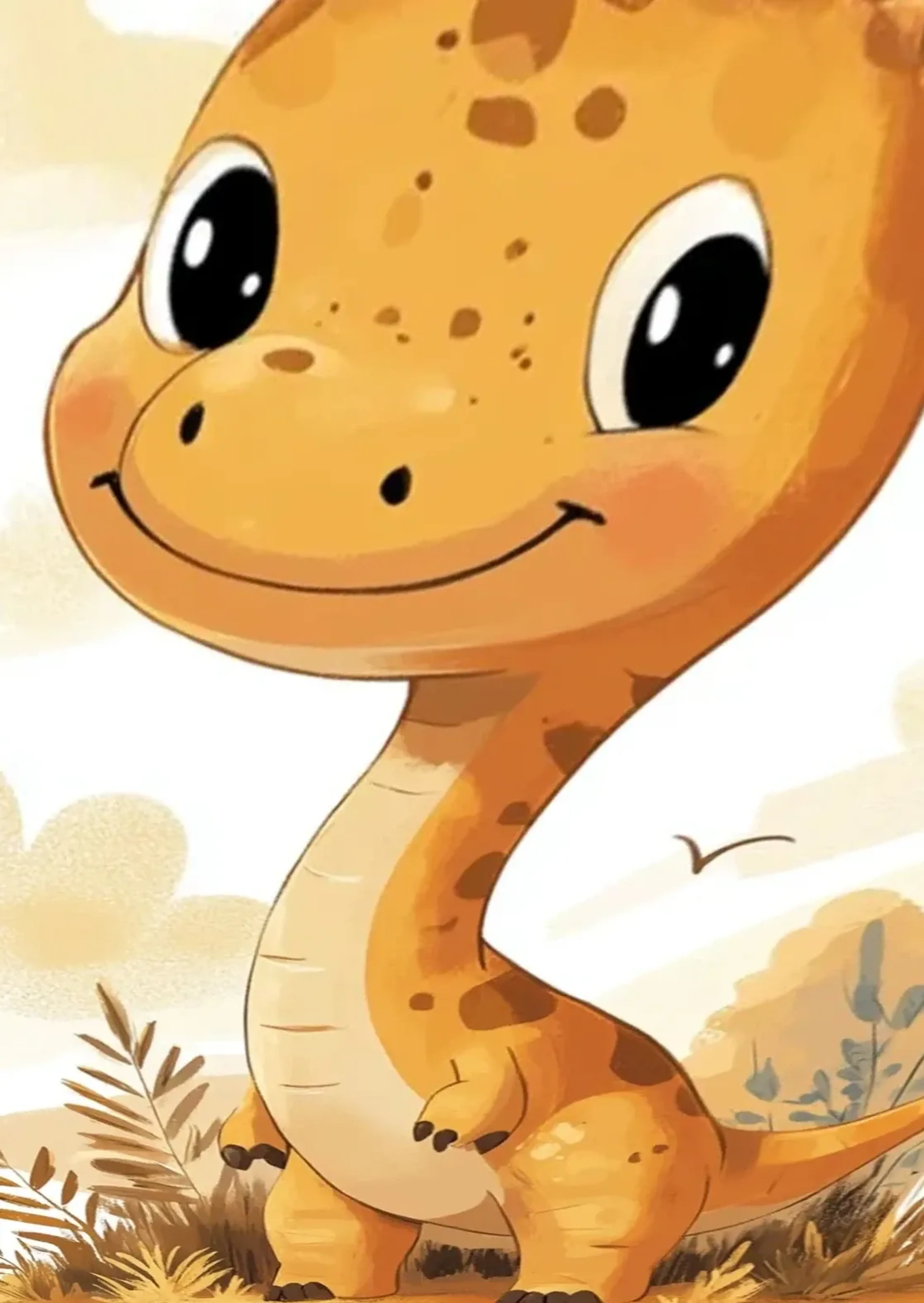 Ein goldgelber Dino mit langem Hals, braunen Flecken und großen schwarzen Augen lächelt vor einer hellen Landschaft.
