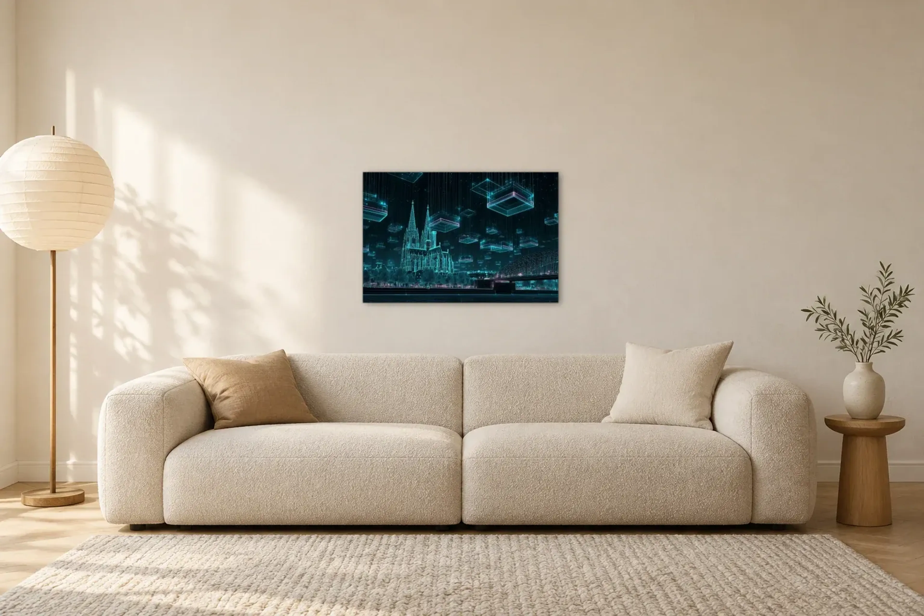 Köln im Neonhimmel als Wandbild über einem 230-cm-Sofa