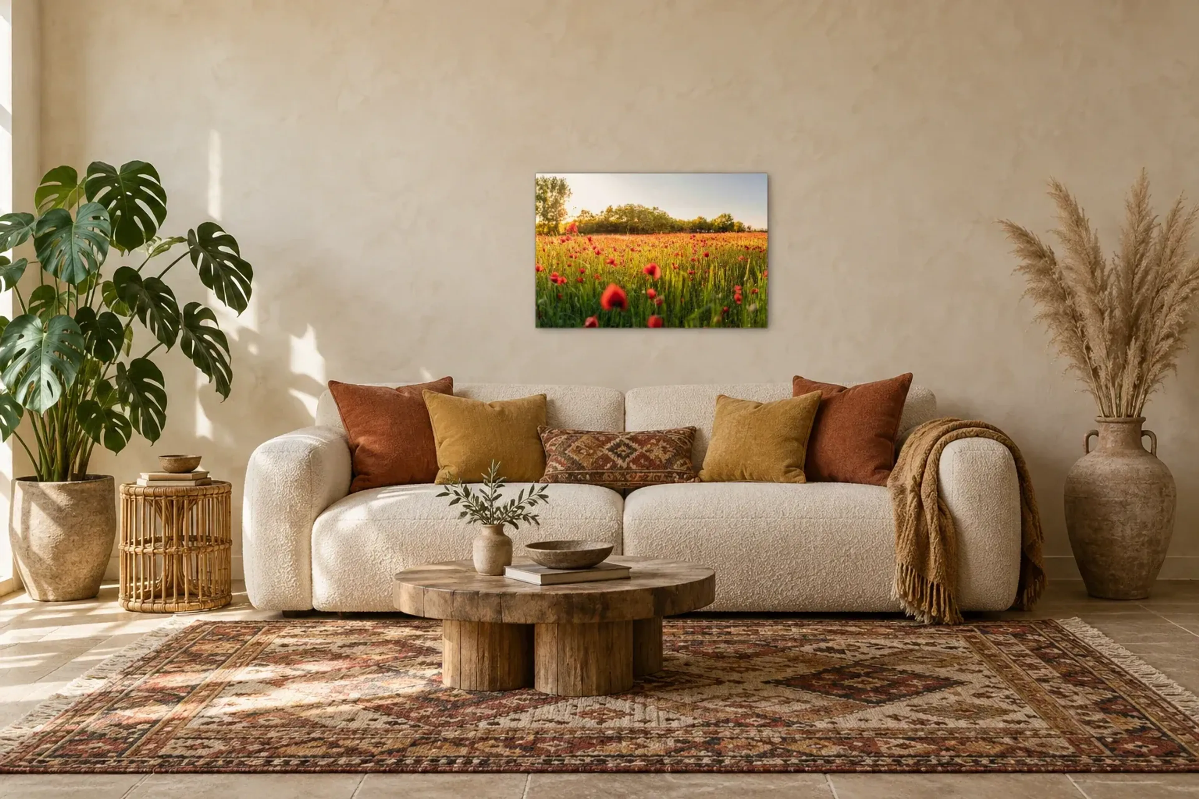 Mohnwiese im Abendlicht als Wandbild über einem 220-cm-Sofa