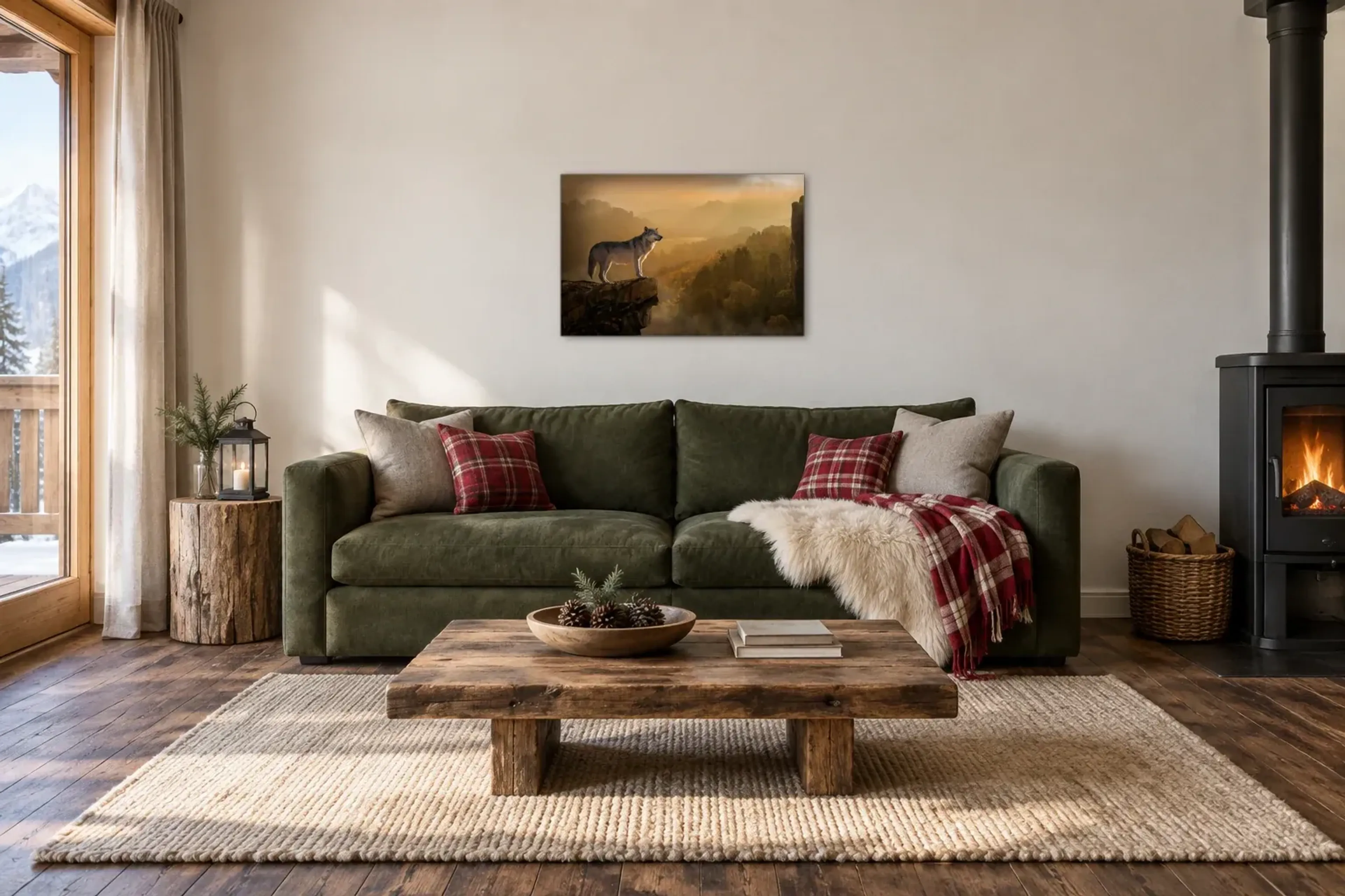 Wolf auf Fels als Wandbild über einem 220-cm-Sofa