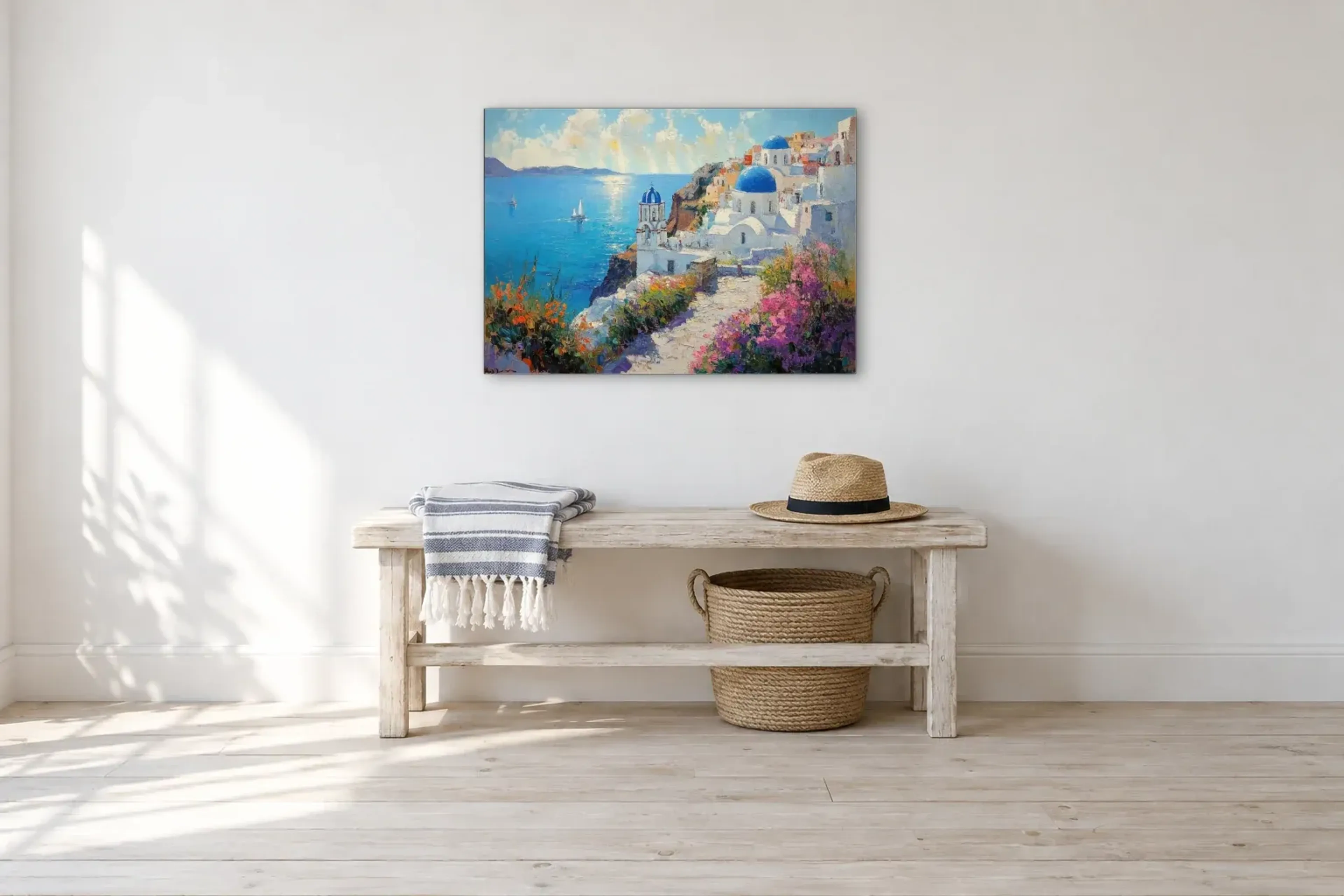 Santorini im Abendlicht als Wandbild über einer 100-cm-Bank