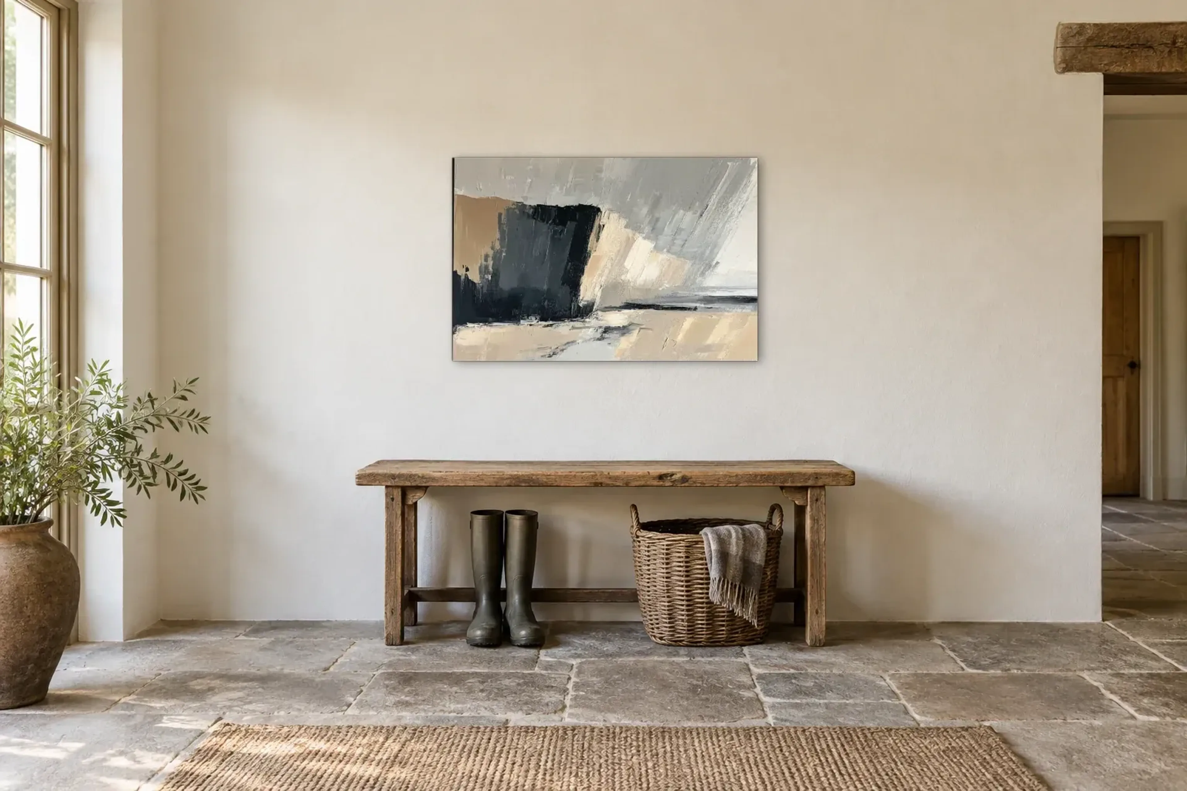 Abstrakte Klippen als Wandbild über einer 120-cm-Bank