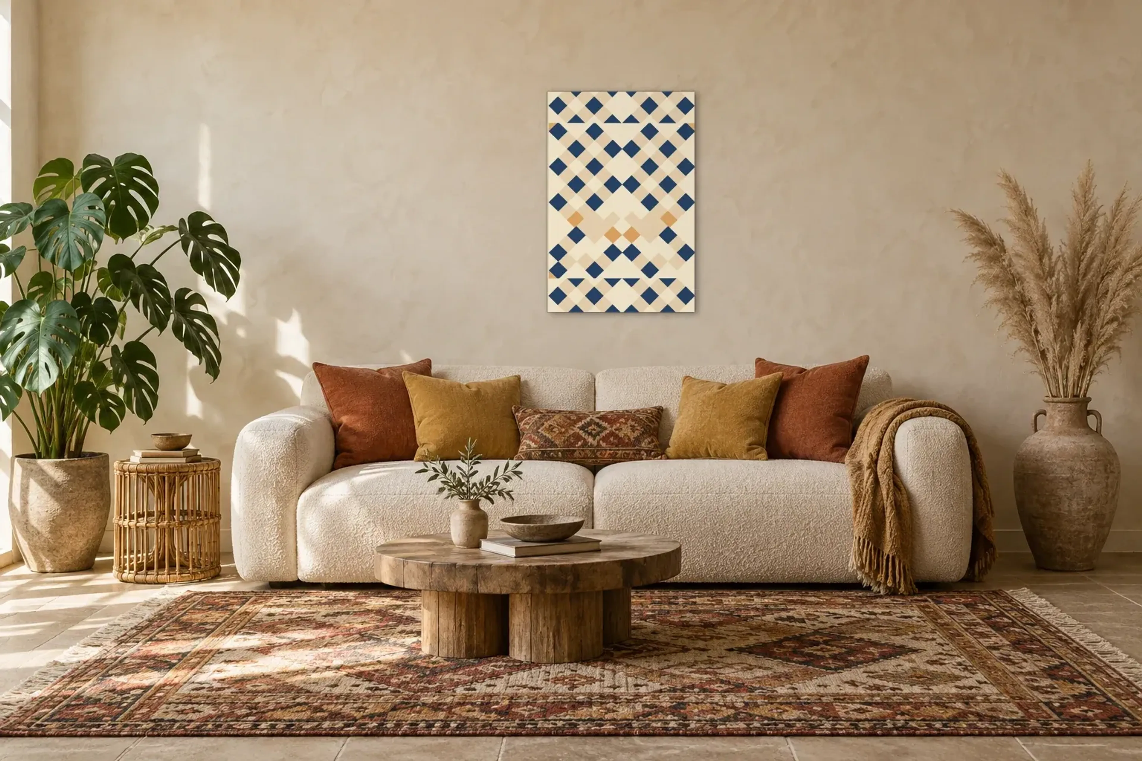 Rauten in Blau und Beige als Wandbild über einem 220-cm-Sofa
