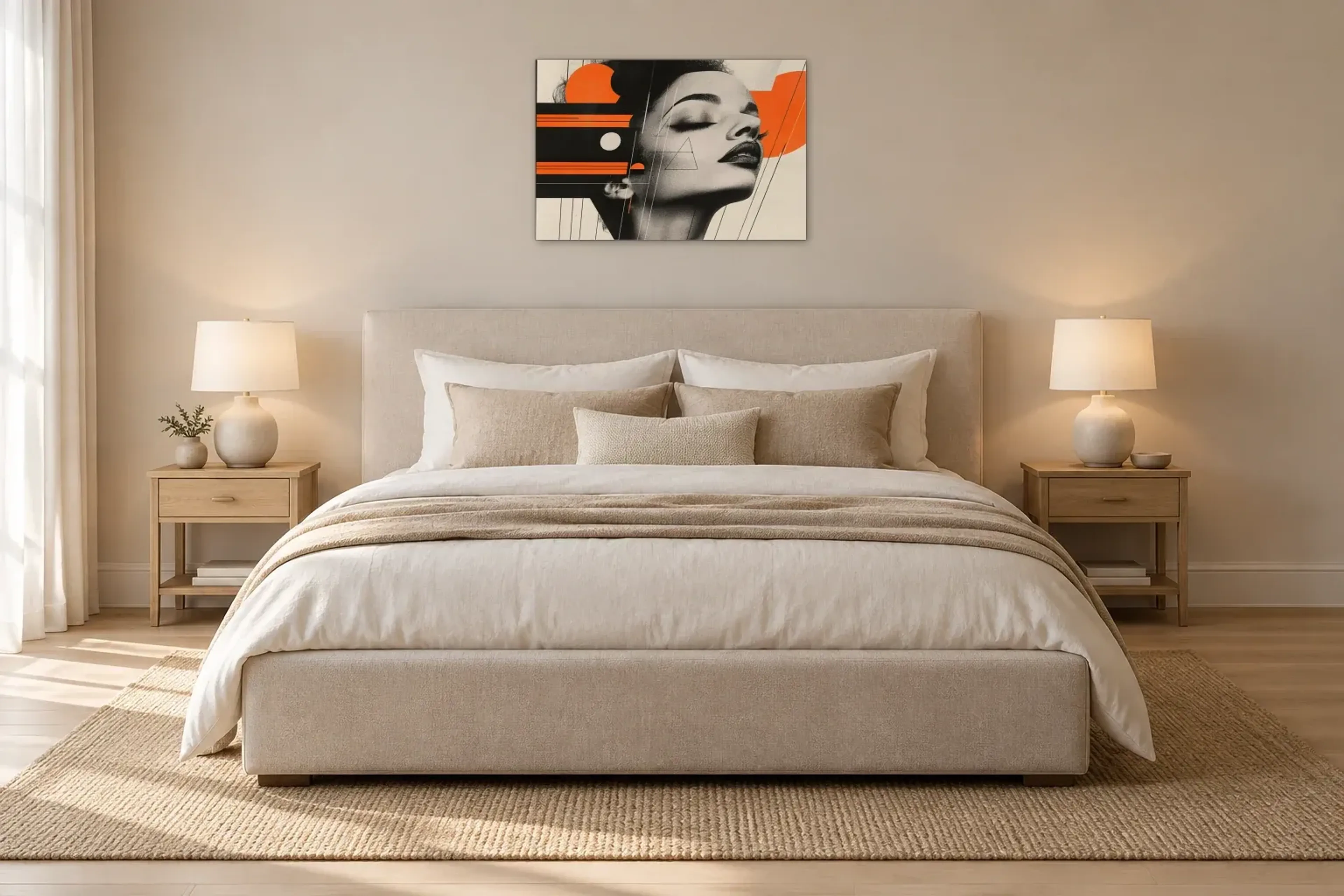 Frauenporträt mit Orange als Wandbild über einem 180-cm-Bett