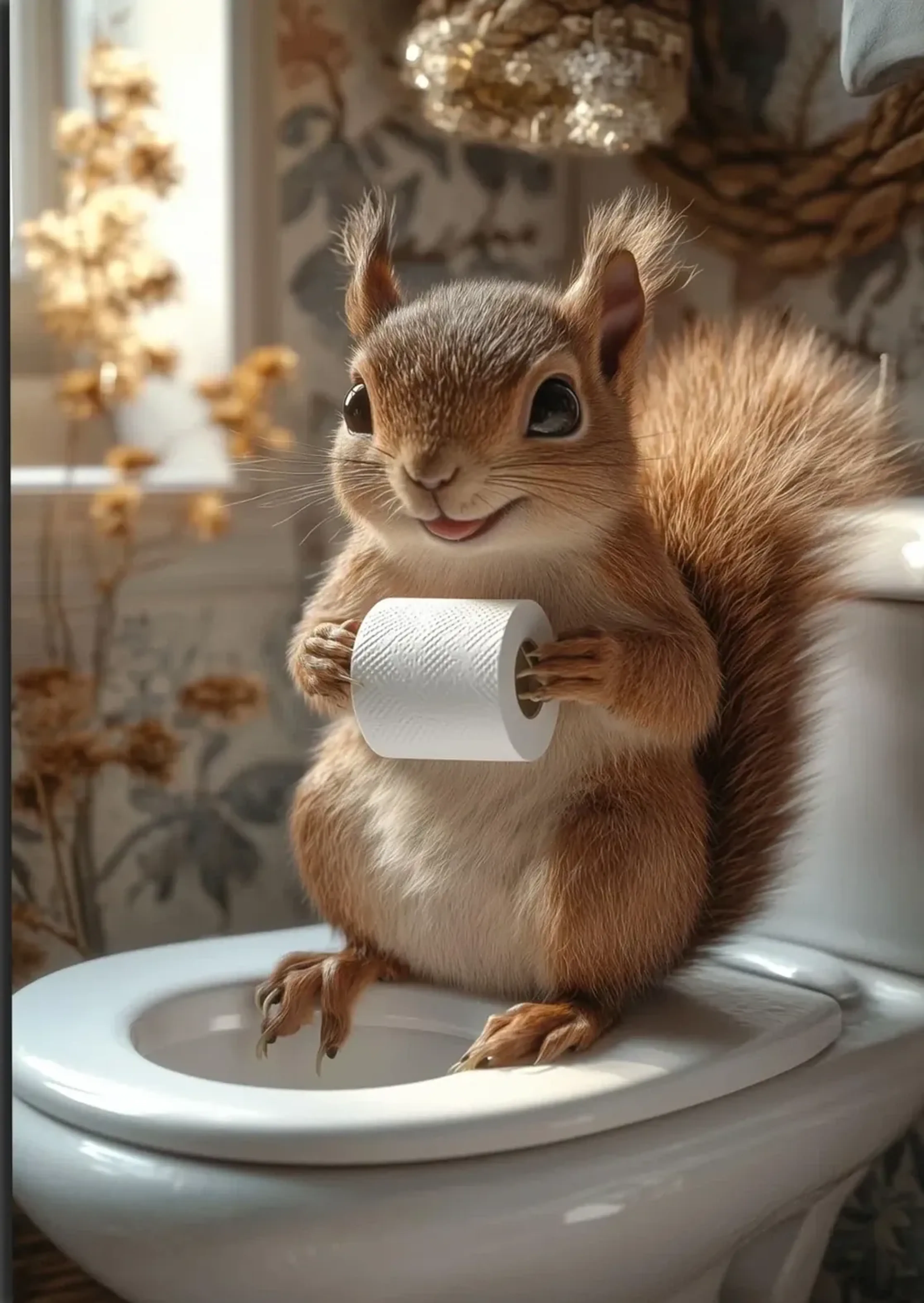 Ein braunes Eichhörnchen hält eine Toilettenpapierrolle auf einem weißen Toilettensitz vor gemusterter Tapete.
