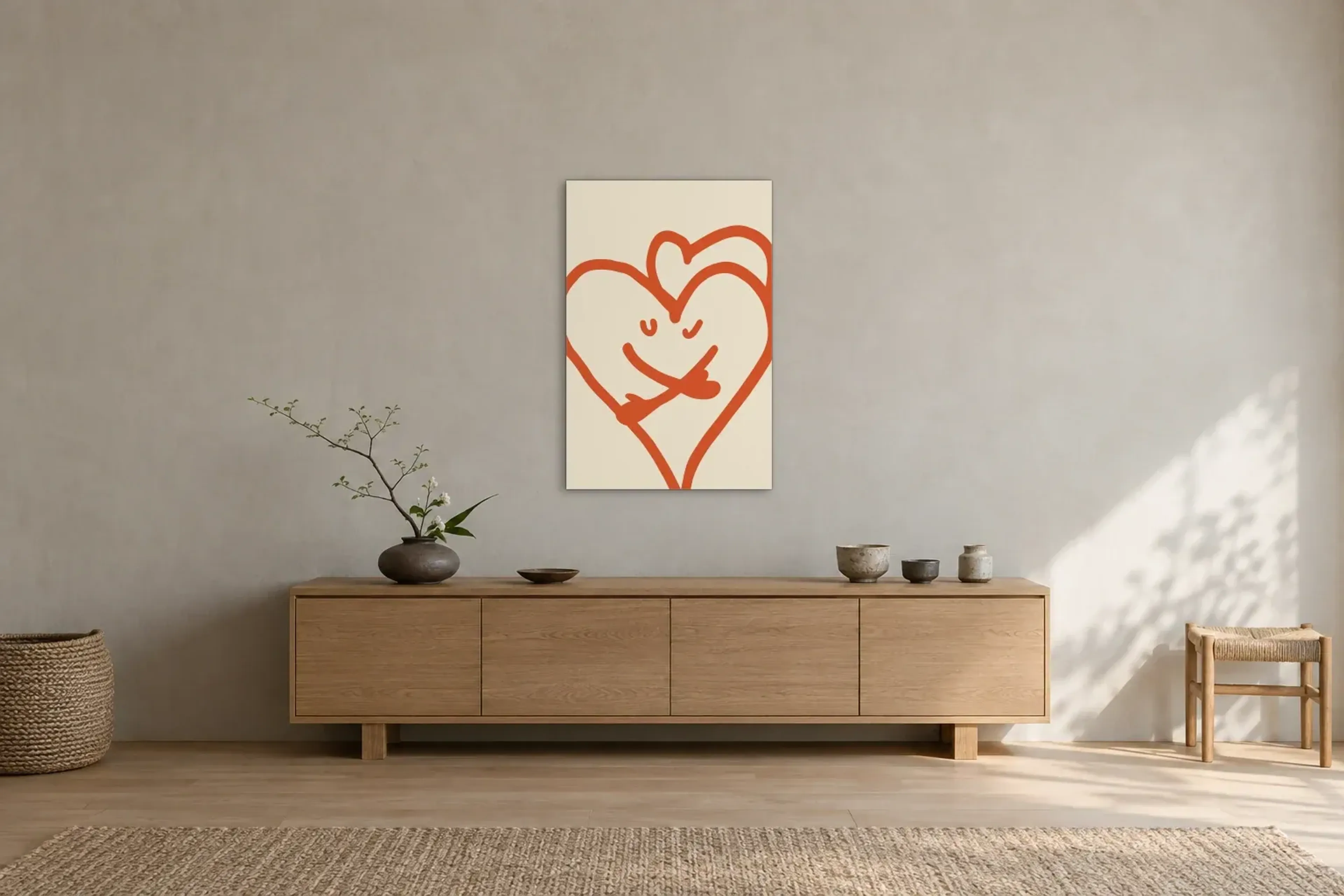 Herzen in Umarmung als Wandbild über einem 180-cm-Sideboard