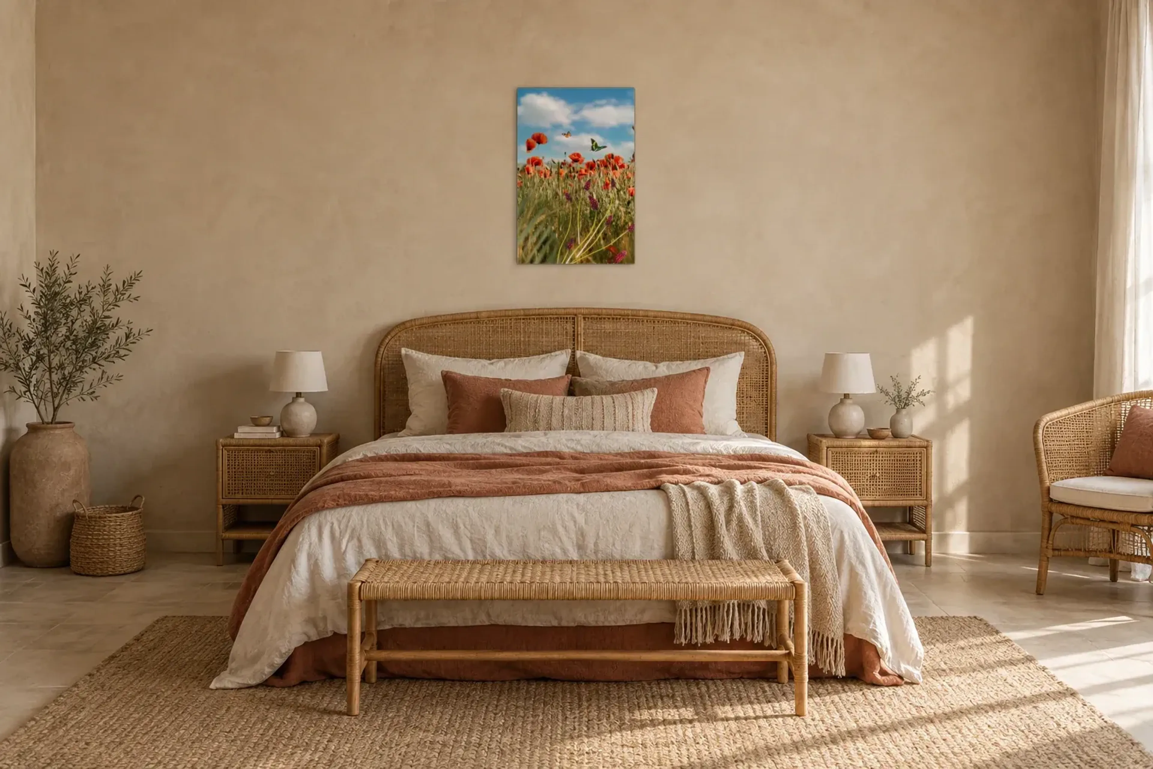 Mohnwiese mit Schmetterlingen als Wandbild über einem 180-cm-Bett