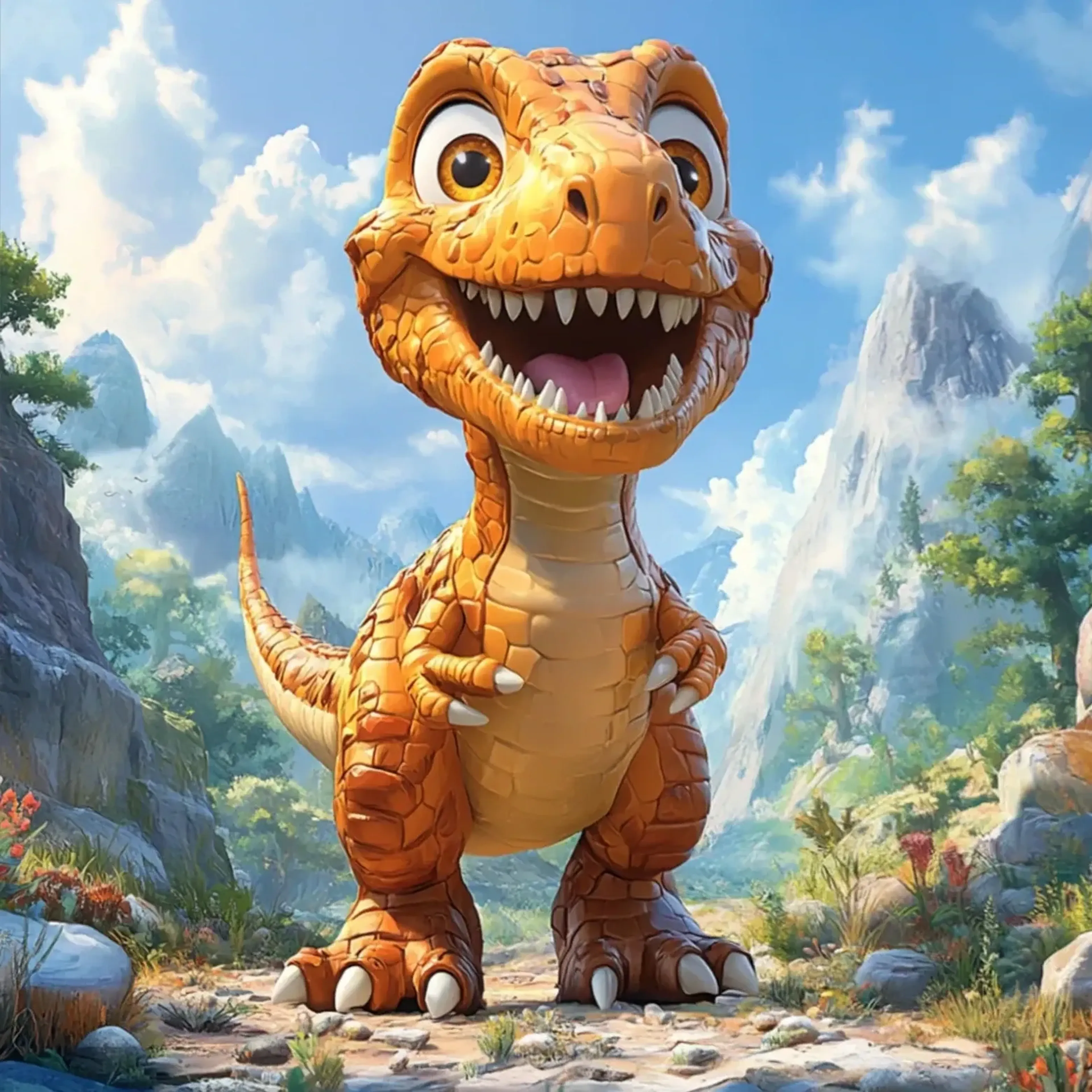Dino im weiten Bergtal – Motiv als Wandbild auf Holz