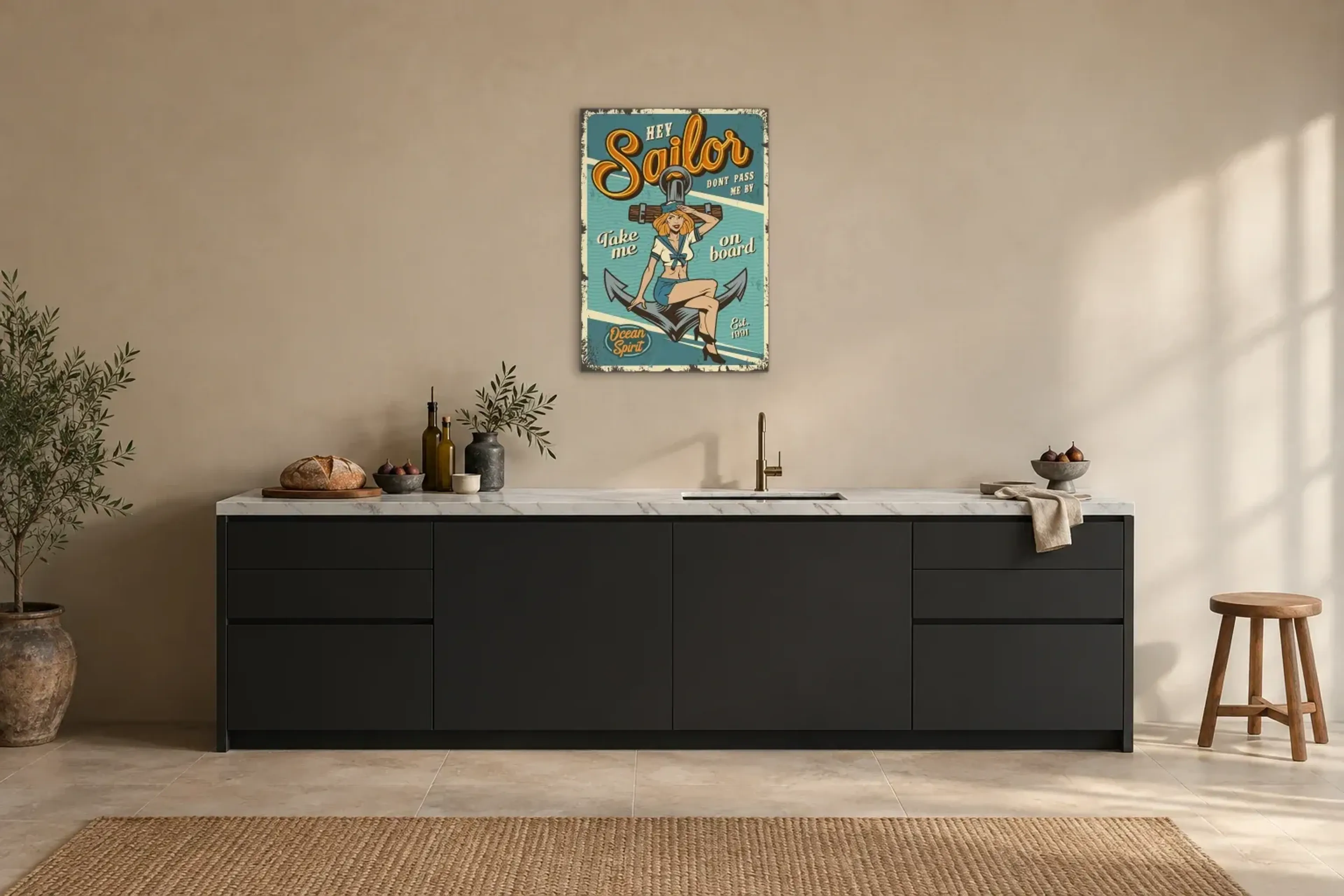 Matrosin auf Anker als Wandbild über einer 200-cm-Arbeitsplatte
