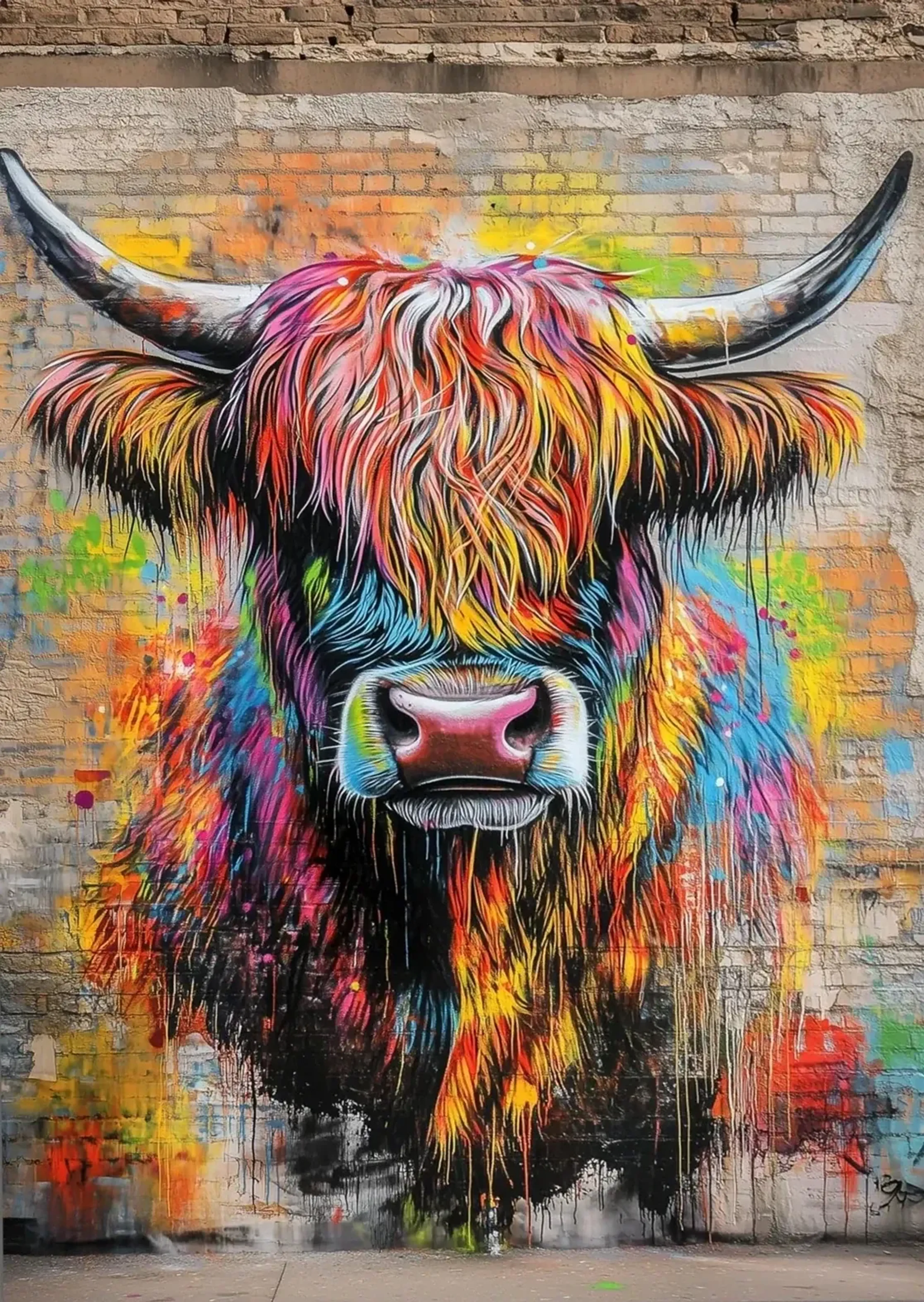 Buntes Hochlandrind in Graffitioptik mit pinken, gelben und türkisen Farbspuren auf einer hellen Backsteinwand.
