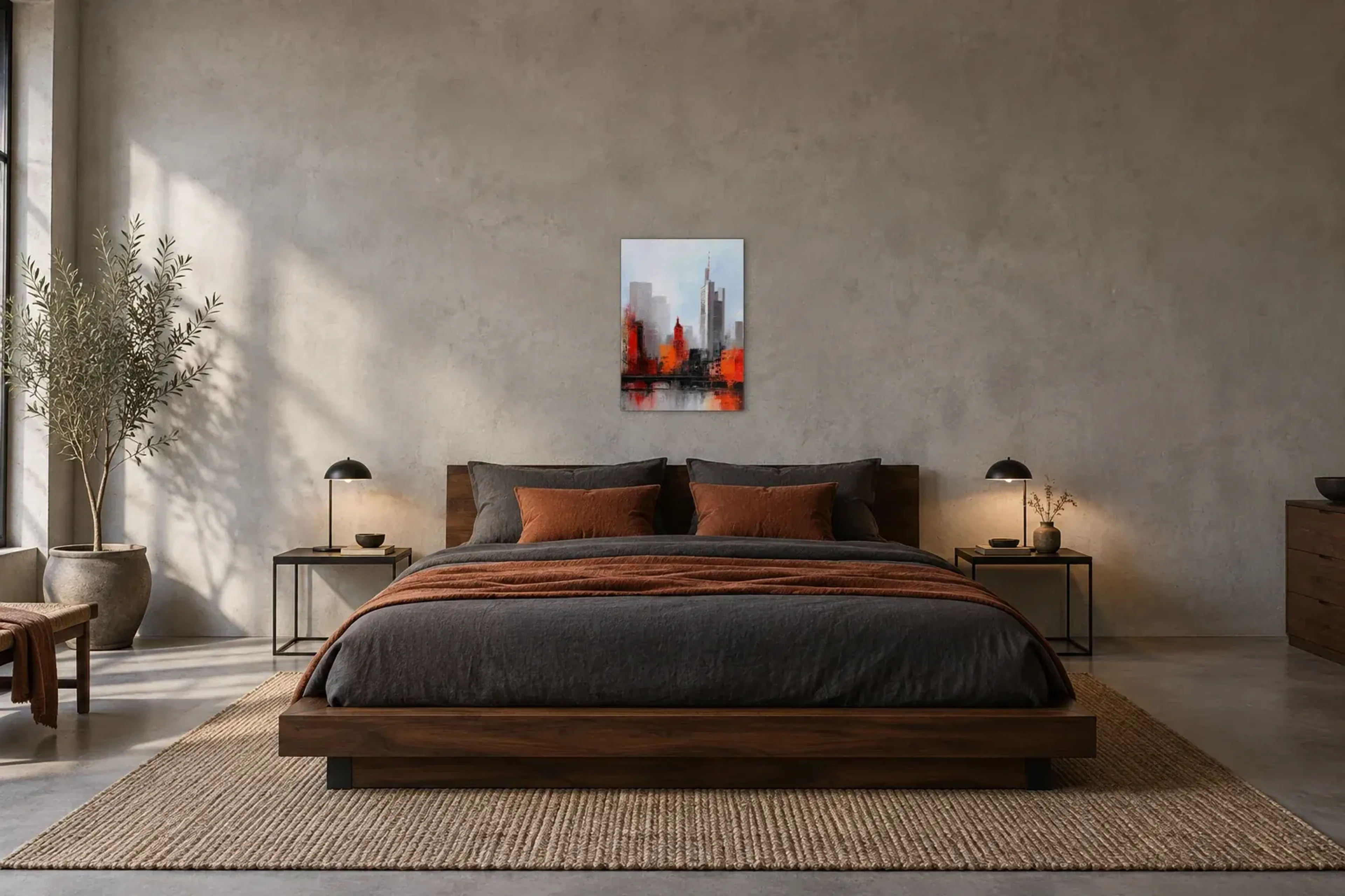 Frankfurt in Rot als Wandbild über einem 180-cm-Bett
