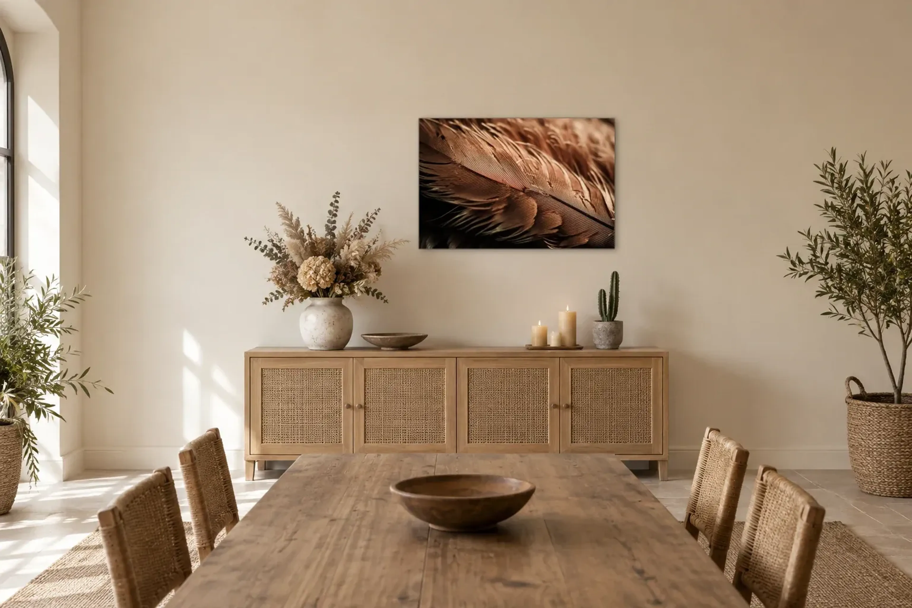 Feder in Brauntönen als Wandbild über einem 160-cm-Sideboard