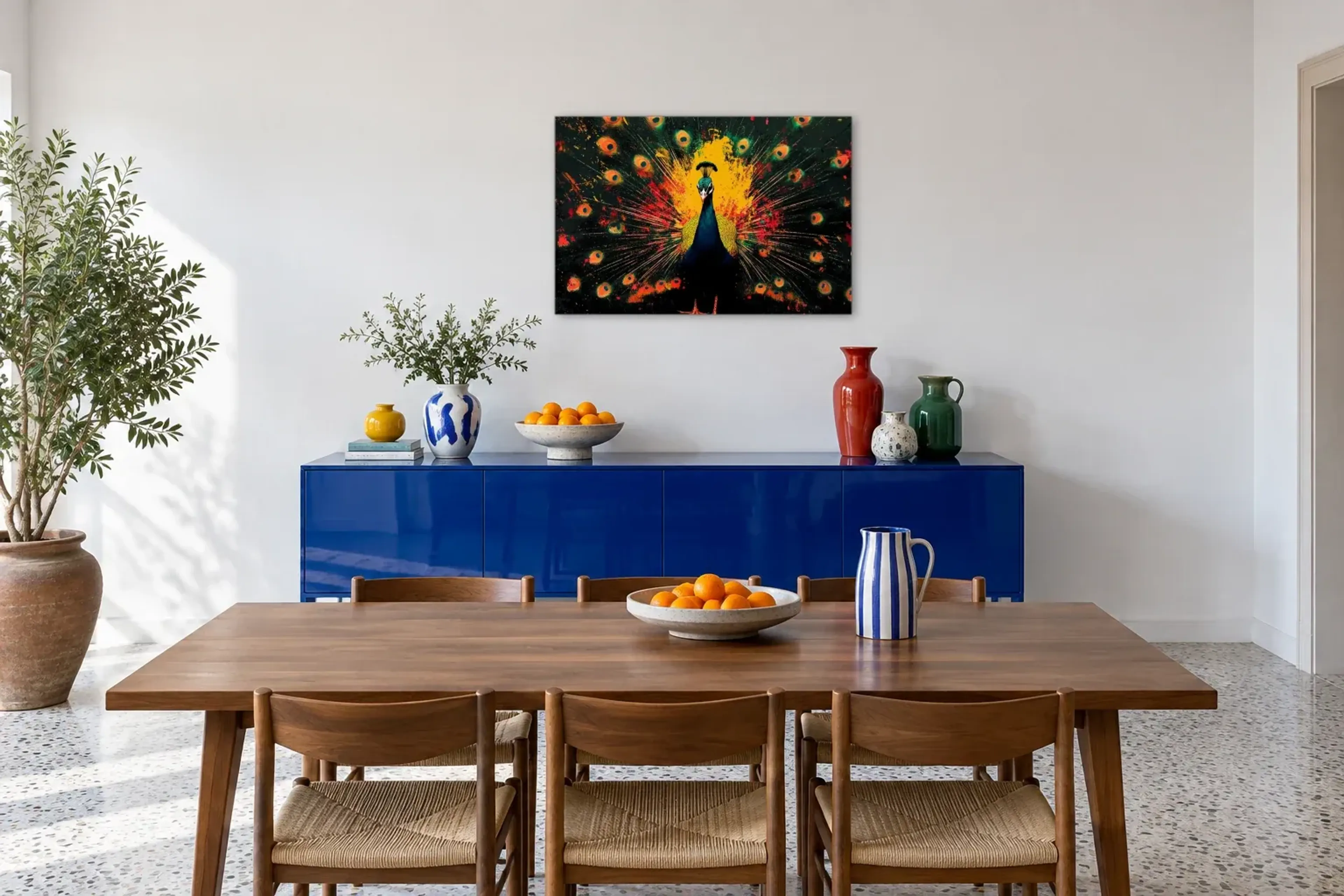 Pfau als Wandbild über einem 180-cm-Sideboard