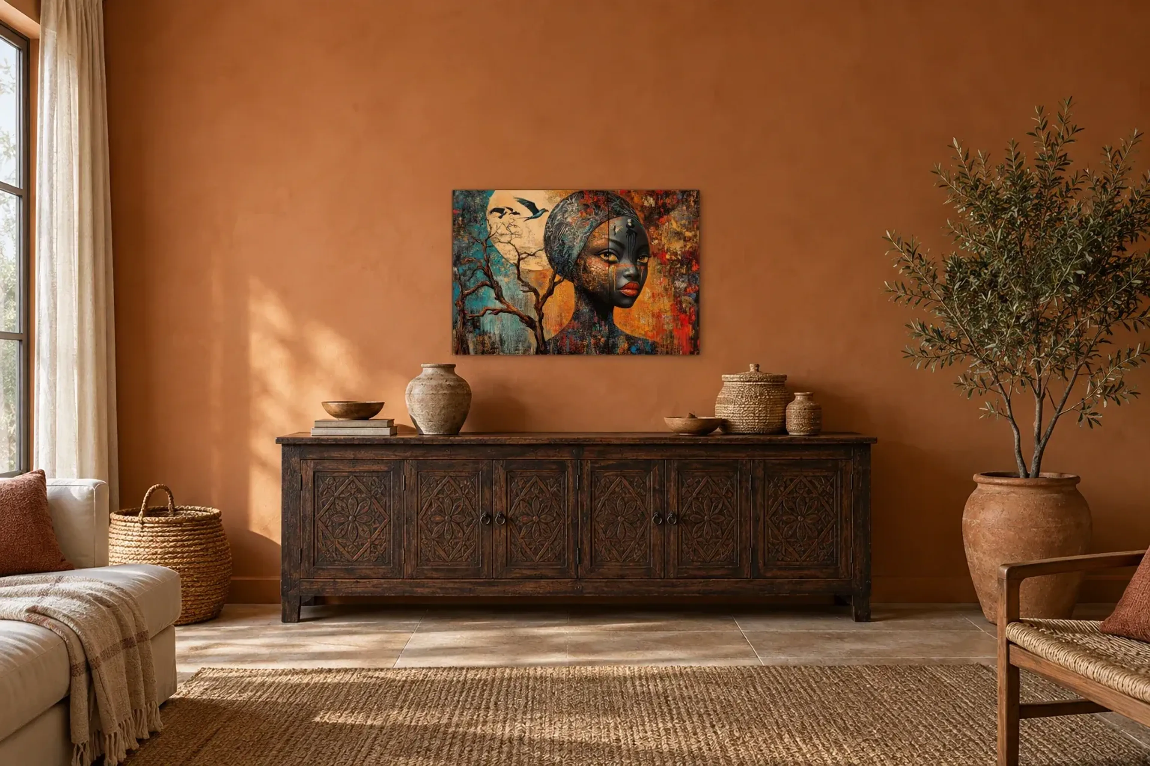 Mondfrau als Wandbild über einem 180-cm-Sideboard