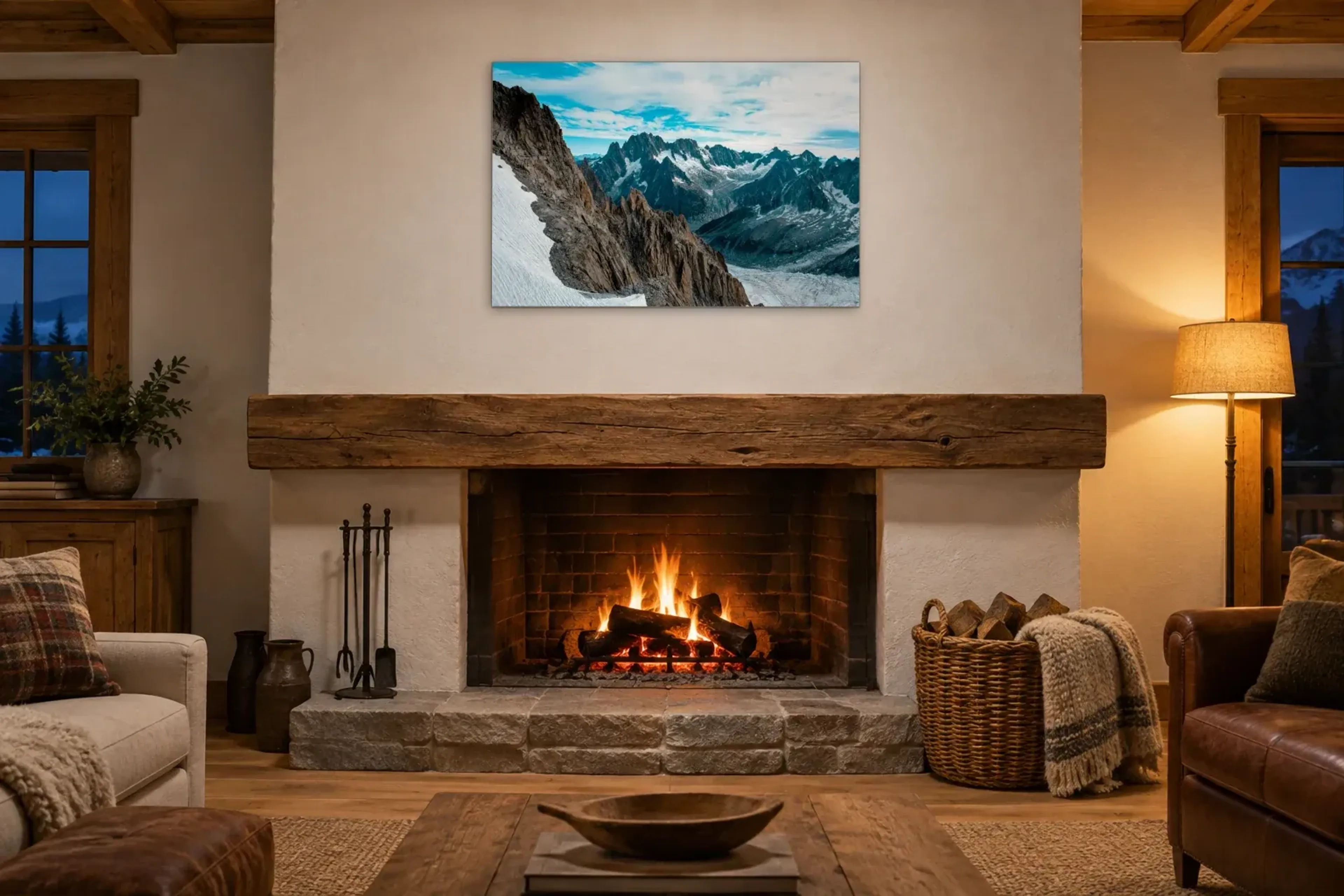 Felswand über dem Gletscher als Wandbild über einem 180-cm-Kaminsims