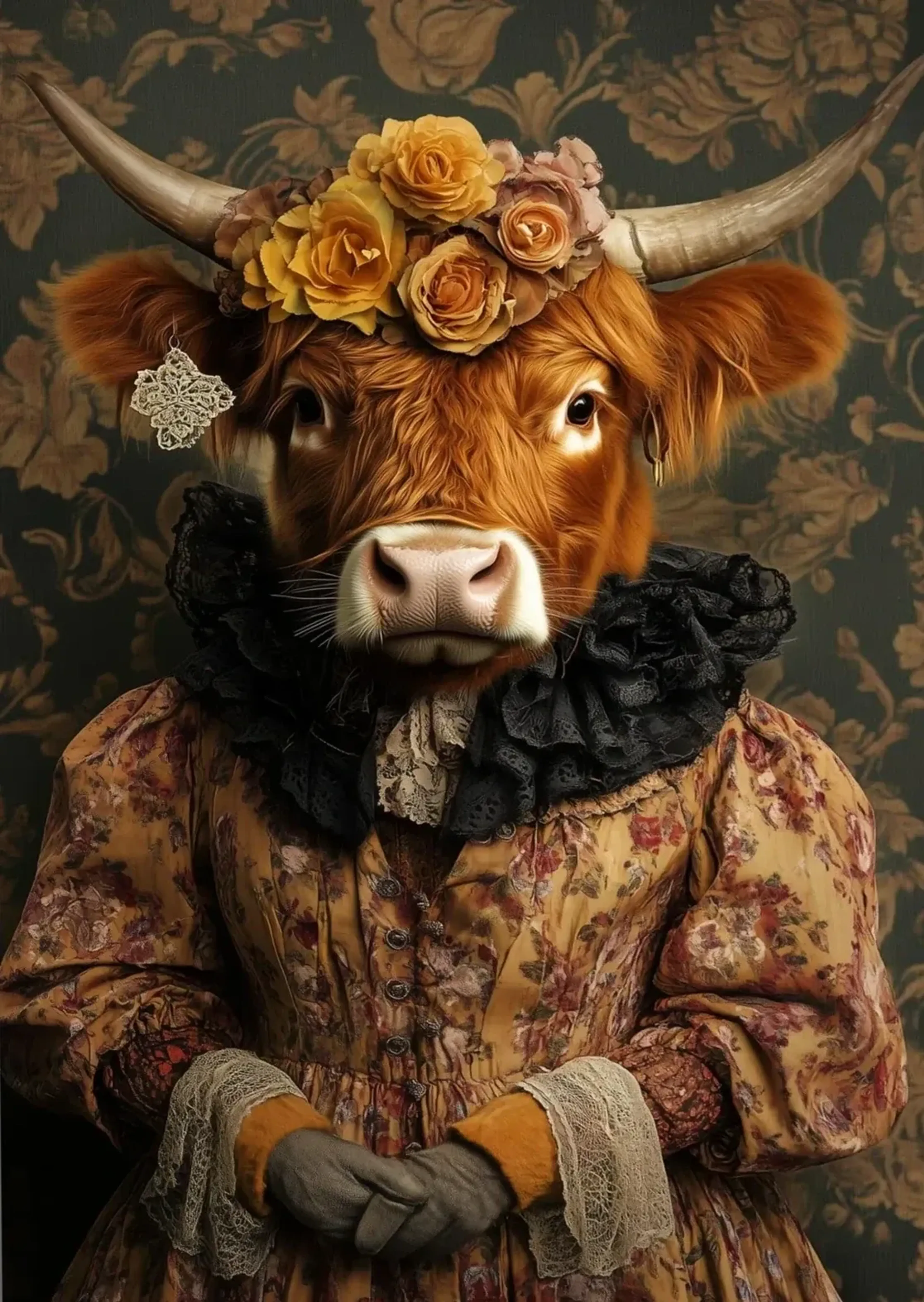 Hochlandrind als Dame im Blumenkleid mit Rüschenkragen, Rosenkranz und gefalteten Handschuhen vor Blumentapete.