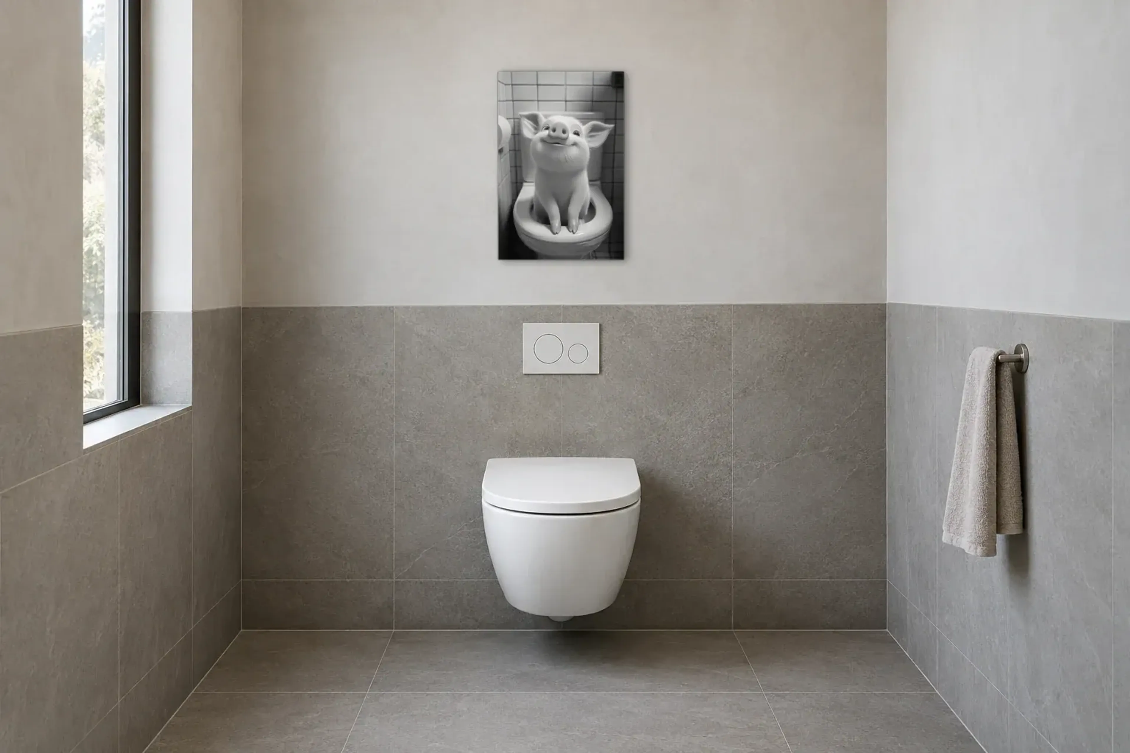 Lächelndes Ferkel als Wandbild im Gäste-WC