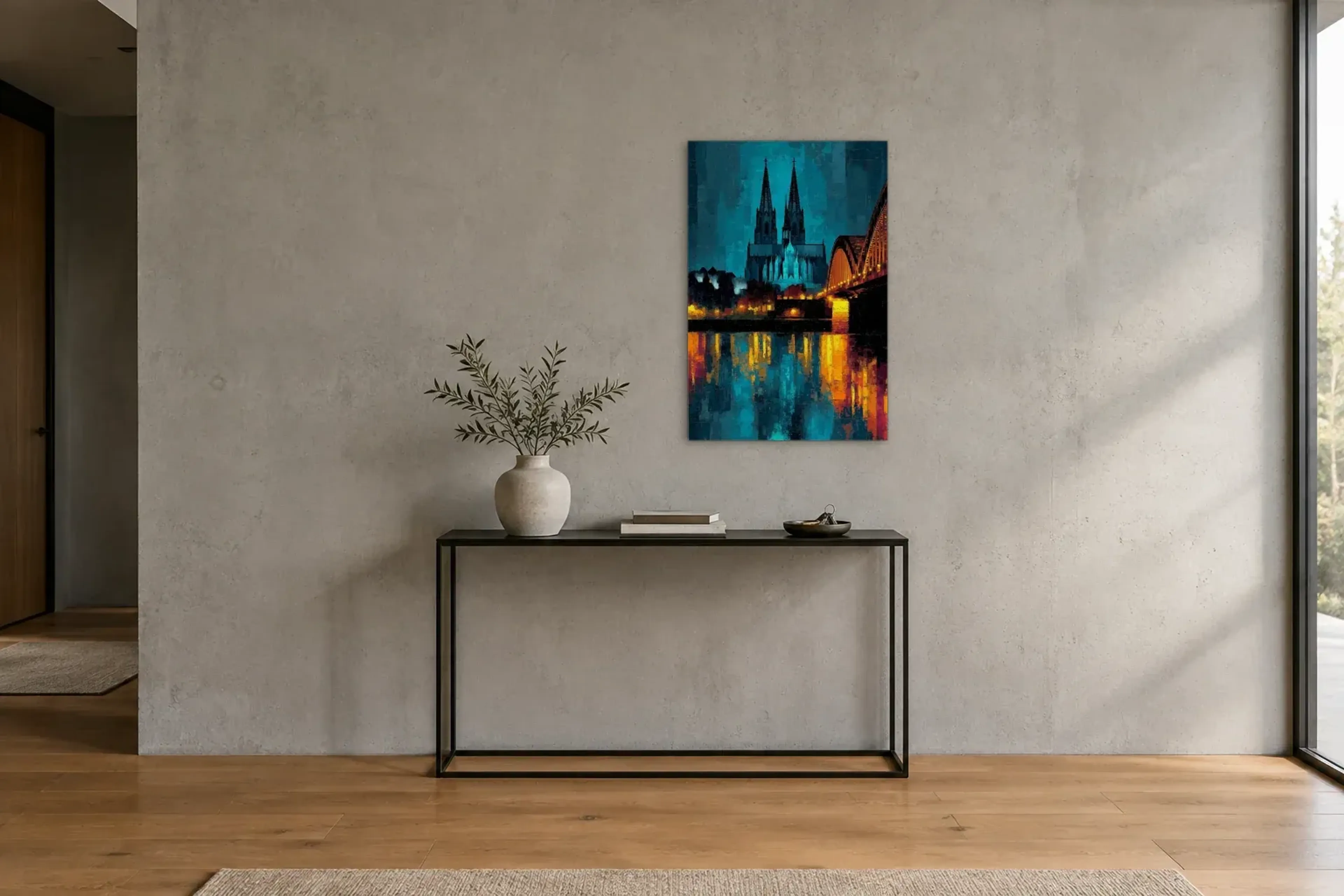 Dom zwischen Türkis und Orange als Wandbild über einer 120-cm-Konsole