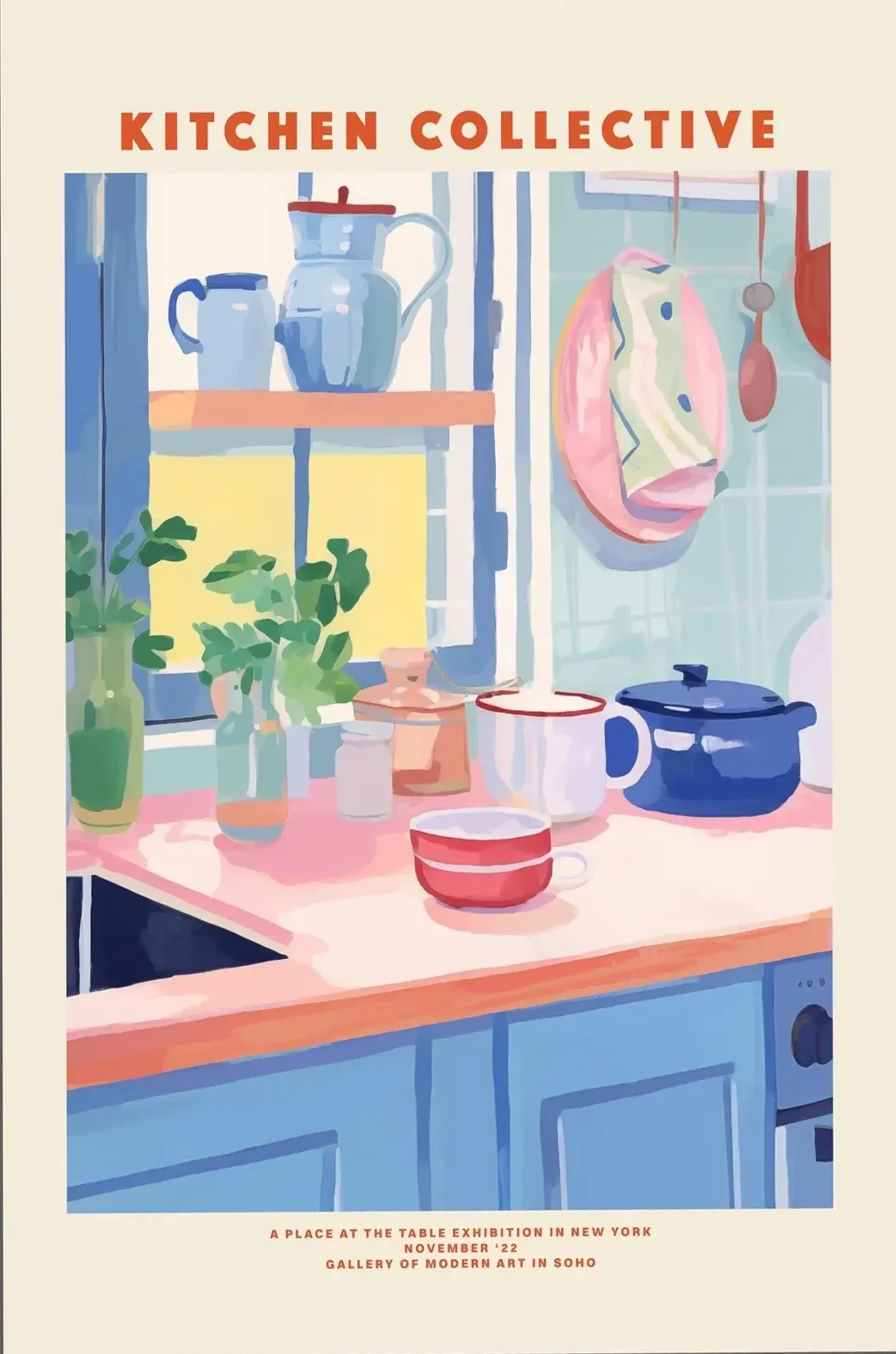Küchenmotiv mit blauen Schränken, rosa Arbeitsfläche und Pflanzen unter dem Schriftzug „KITCHEN COLLECTIVE“.
