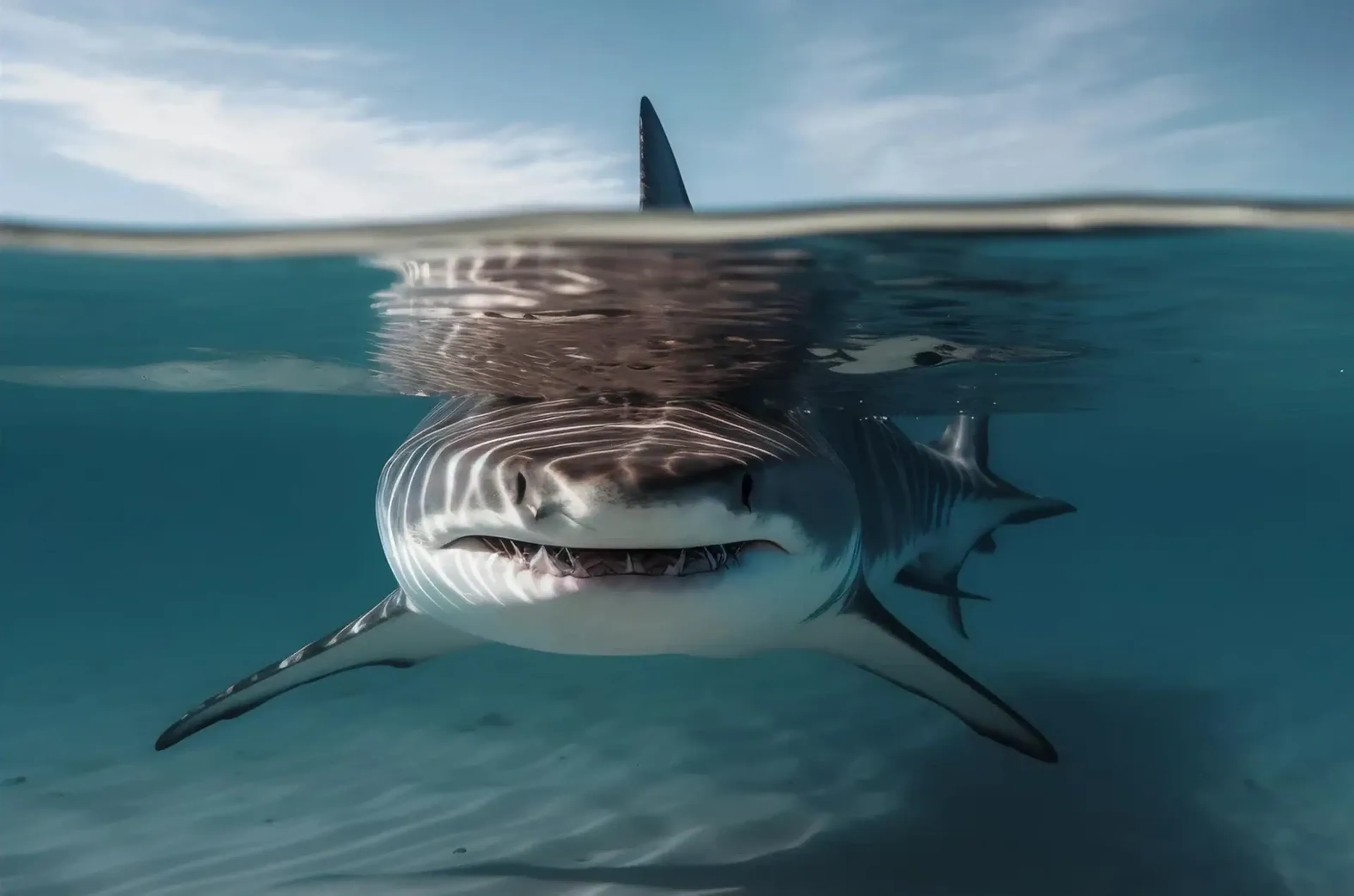 Ein Weißer Hai mit leicht geöffnetem Maul schwimmt frontal unter der Wasseroberfläche über sandigem Grund.