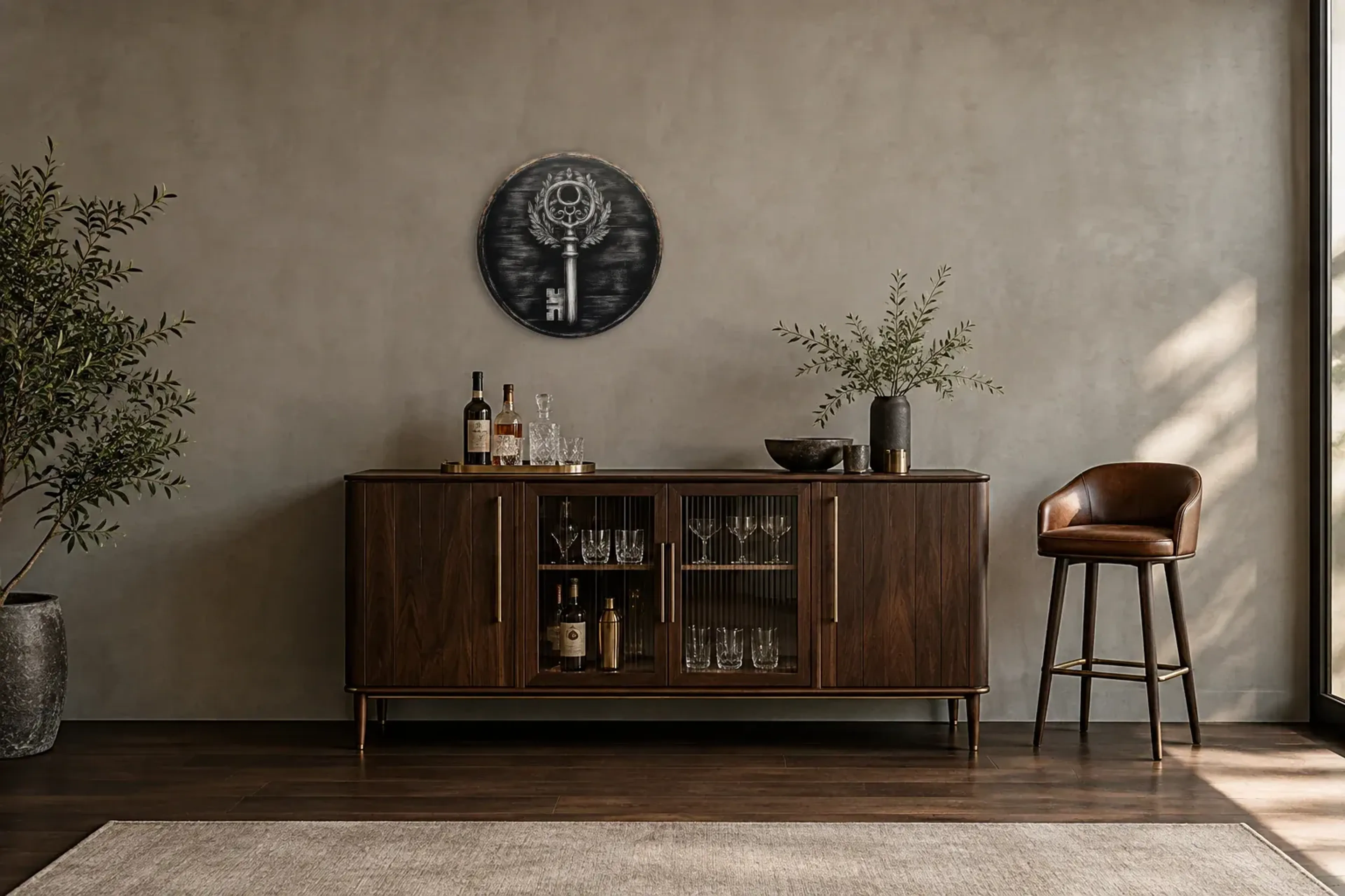 Schlüssel im Blätterkranz als Wandbild über einem 150-cm-Barschrank