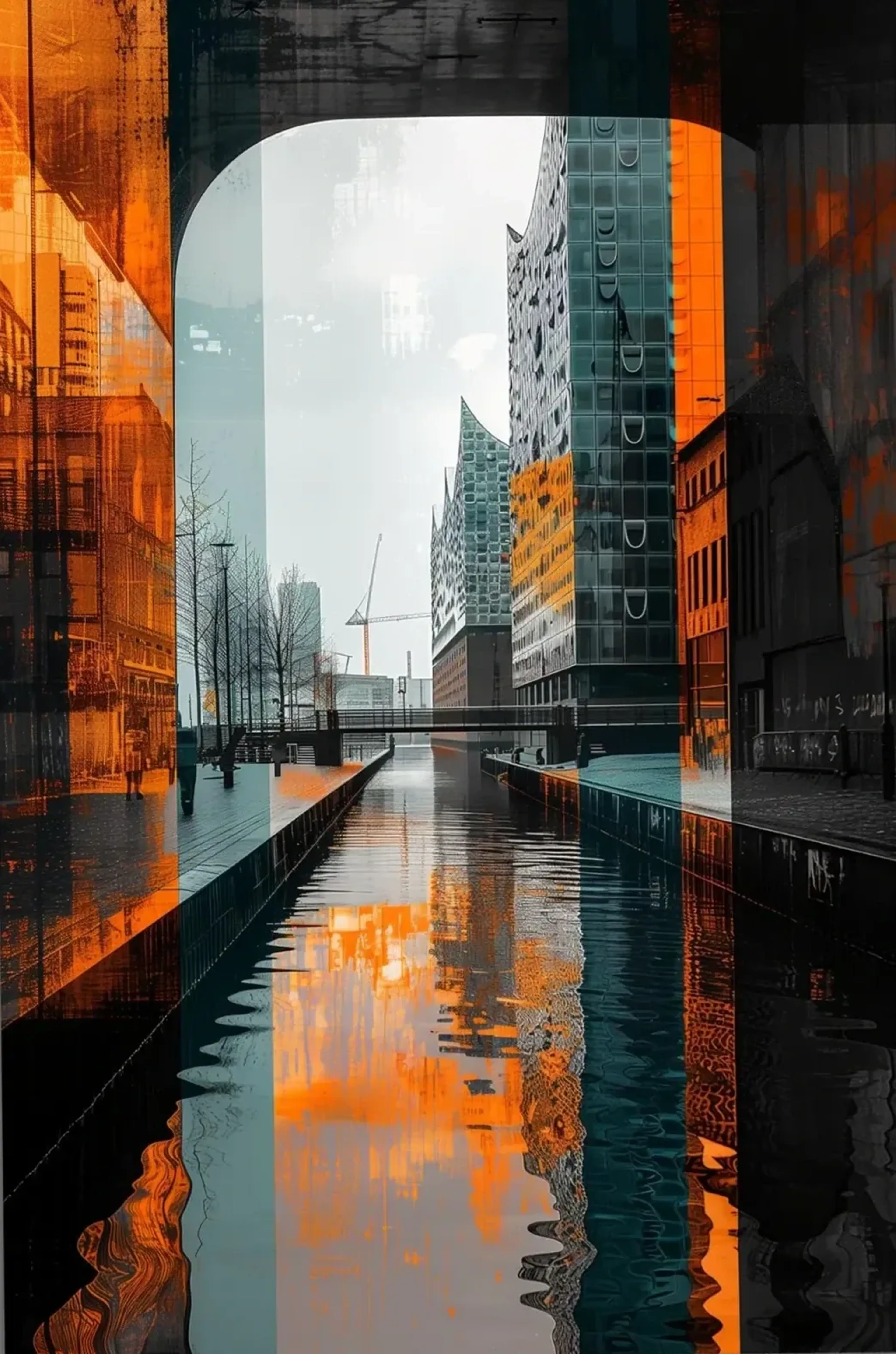 Kanal zwischen hohen Gebäuden mit Brücke, orangefarbenen Flächen und einer hellen Rundbogenform.