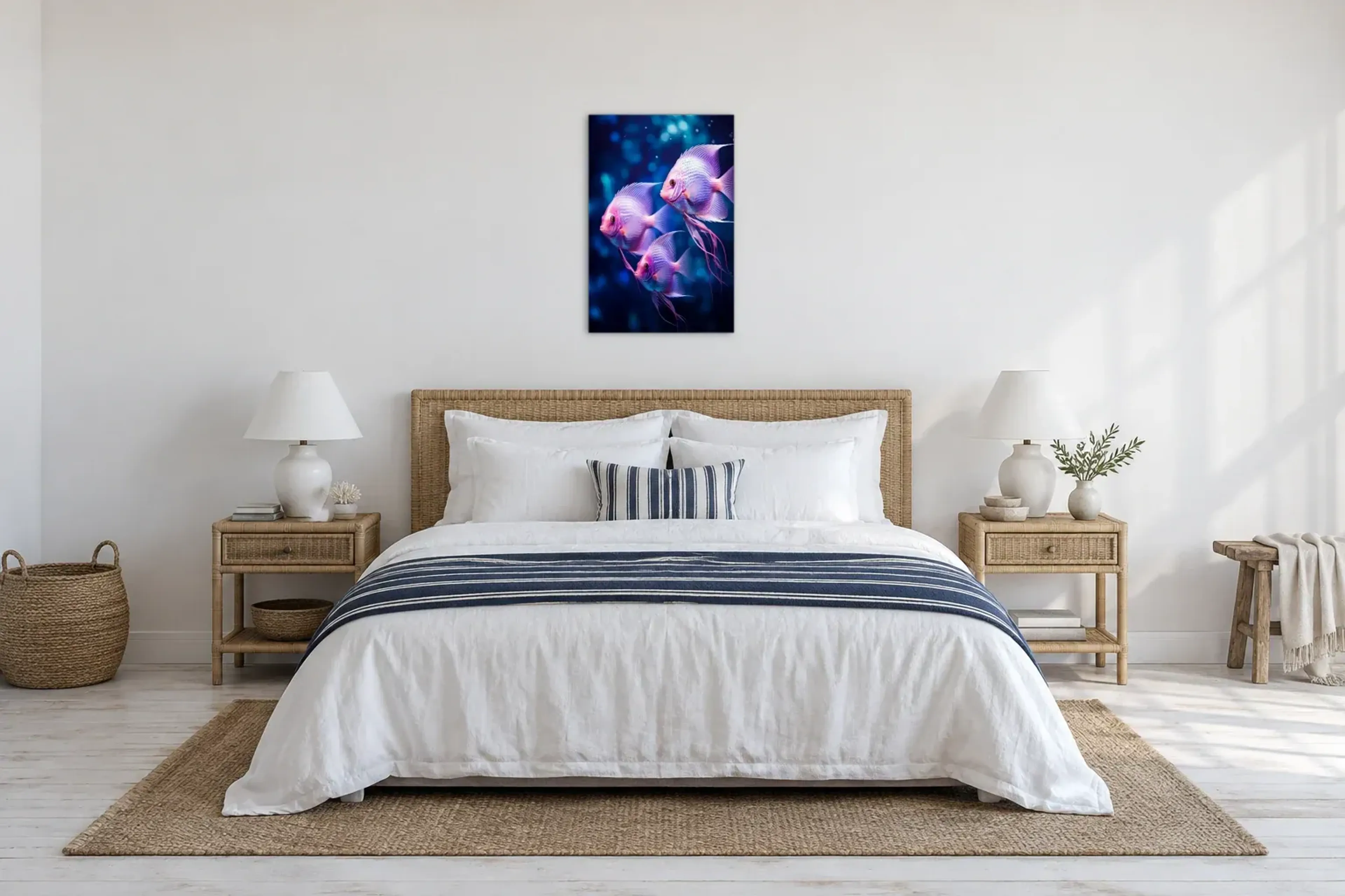 Lila rosa Fische als Wandbild über einem 180-cm-Bett