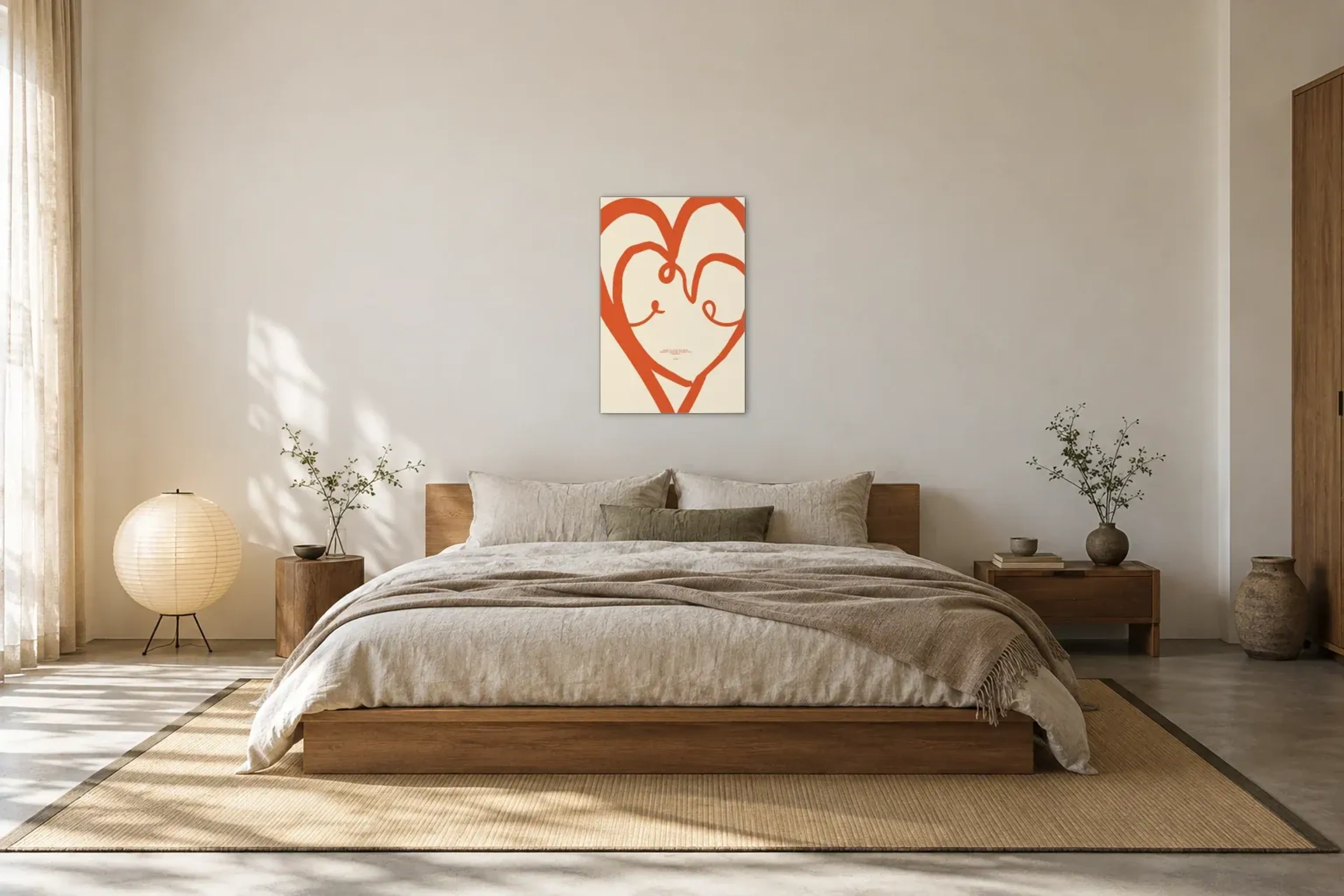Verschlungene Herzen als Wandbild über einem 180-cm-Bett