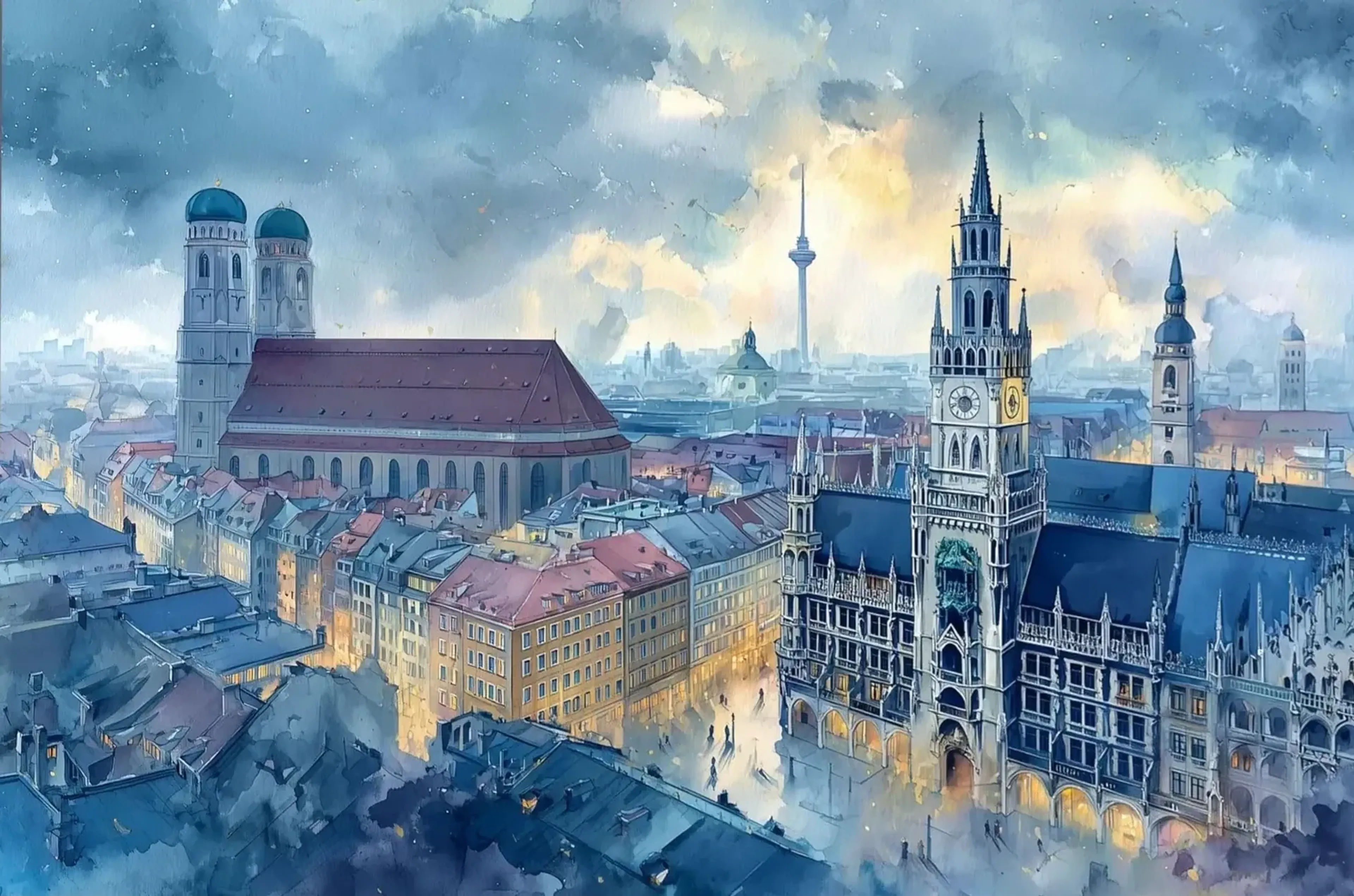 Frauenkirche und Neues Rathaus über Münchner Dächern in Blau und Grau, mit warmen Lichtern unter wolkigem Himmel.