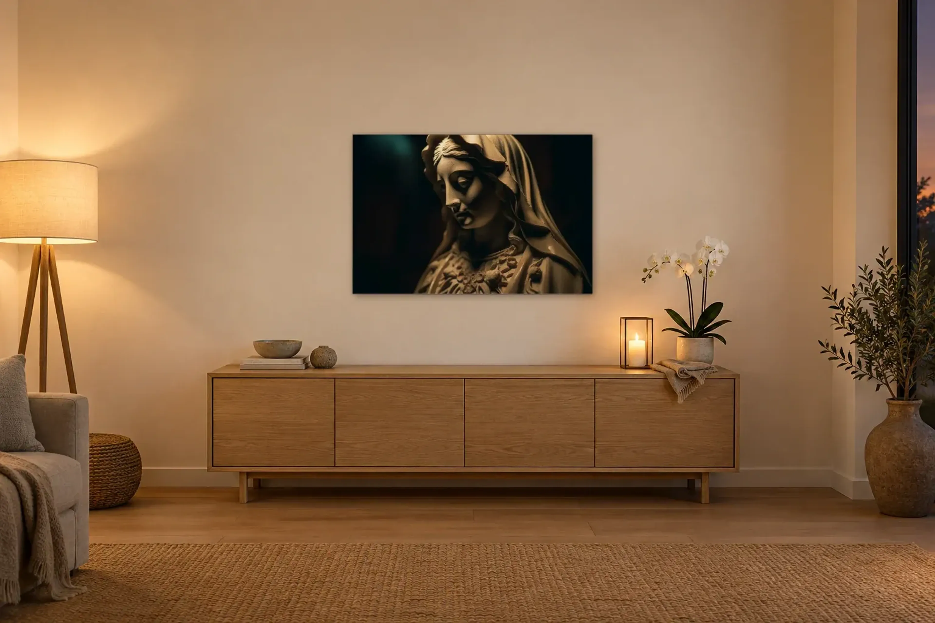 Statue mit gesenktem Blick aus der Kollektion Erinnerung als Wandbild im Raum