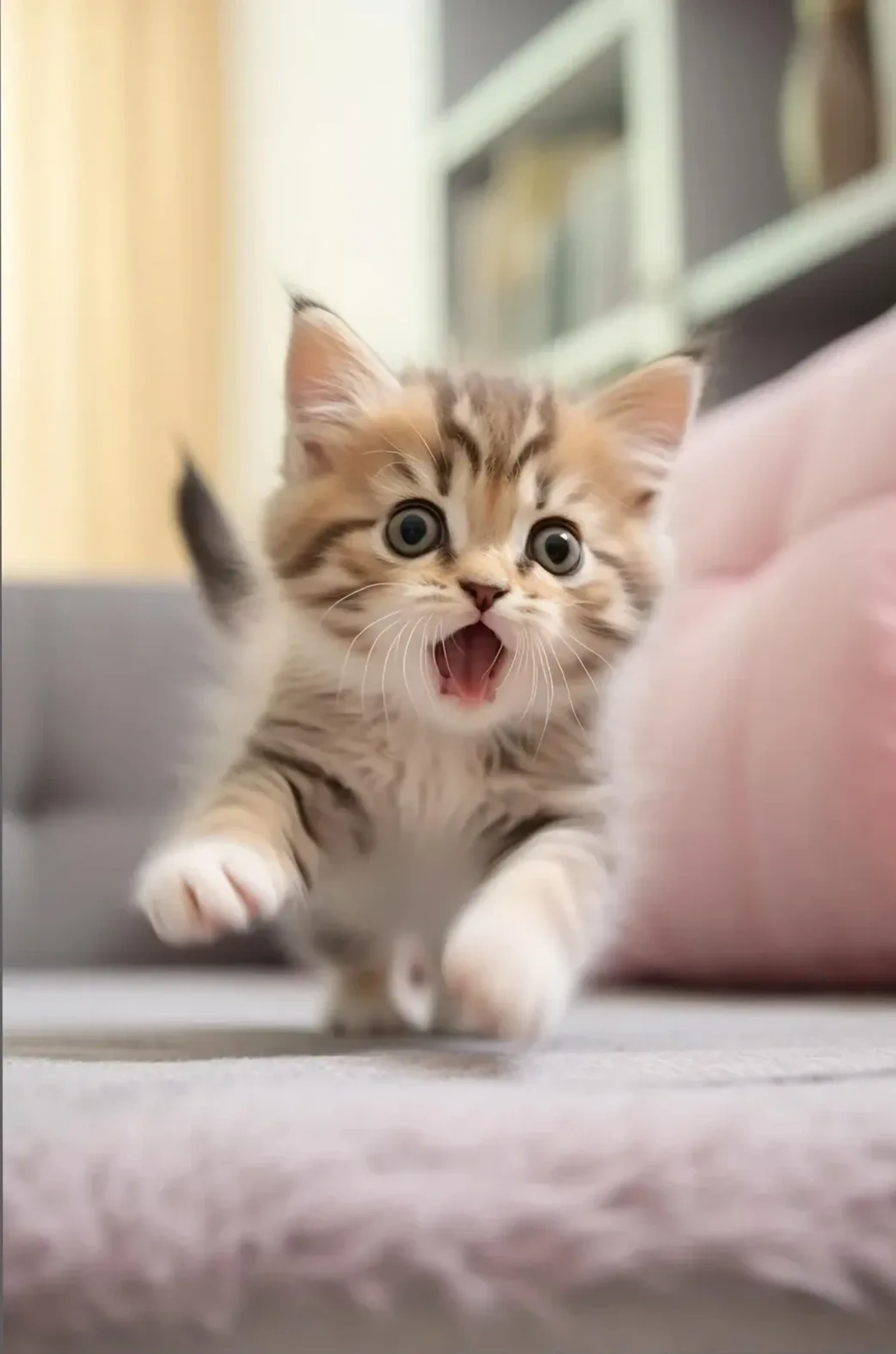 Getigertes Kätzchen mit großen Augen und offenem Mäulchen läuft über ein Sofa, dahinter liegt ein rosa Kissen.