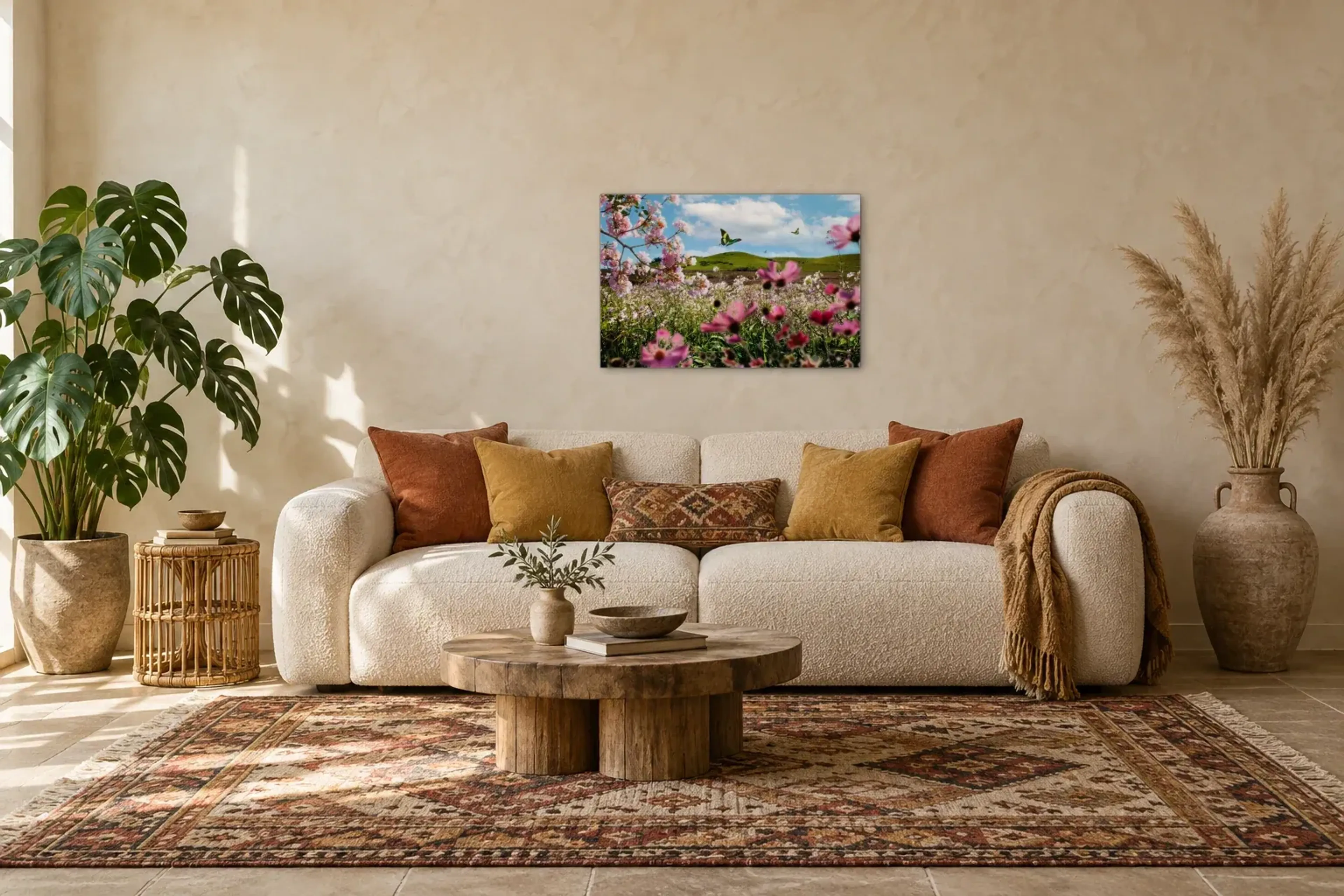 Rosa Blüten und Schmetterlinge als Wandbild über einem 220-cm-Sofa