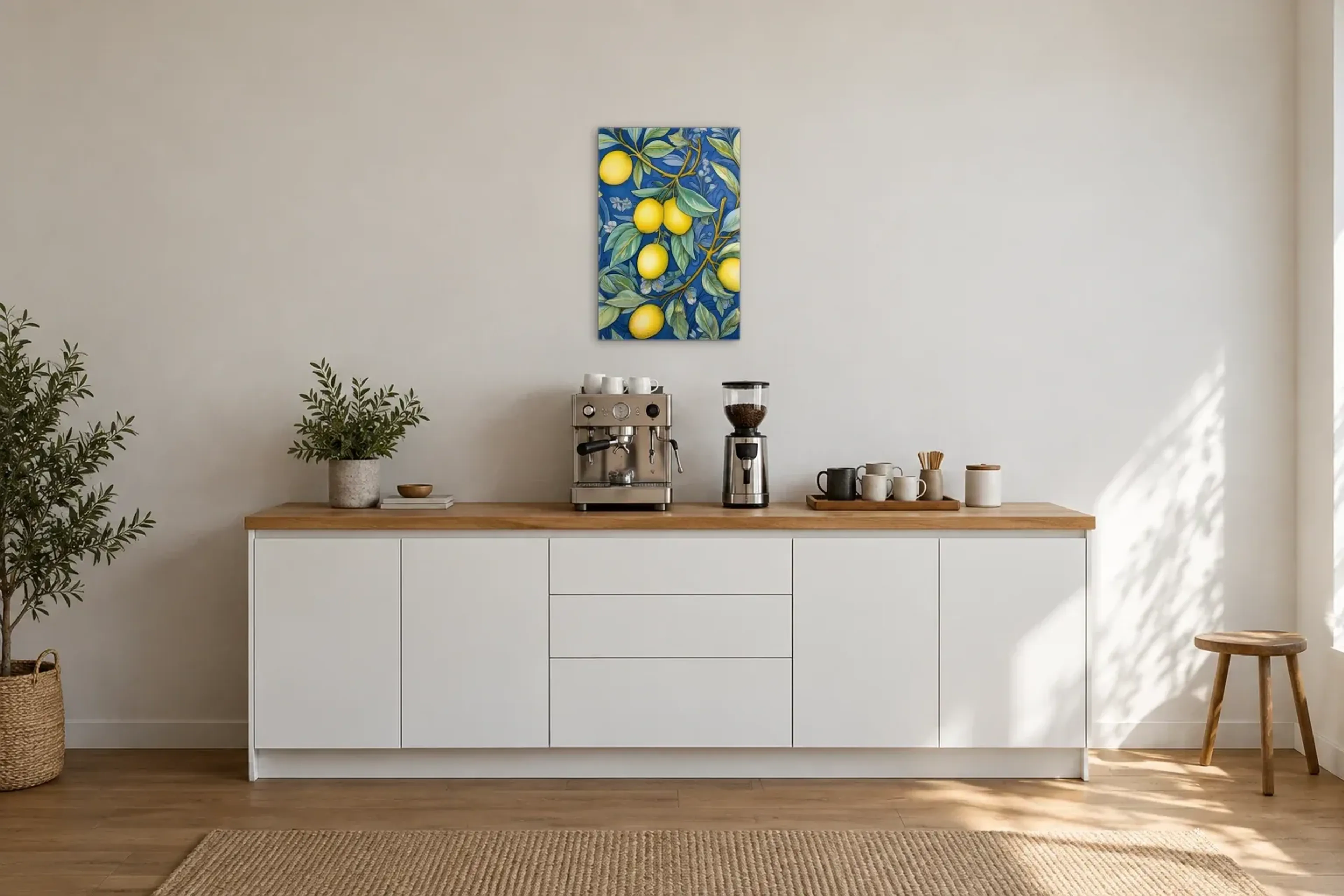 Zitronen und Blüten als Wandbild über einer 200-cm-Arbeitsplatte