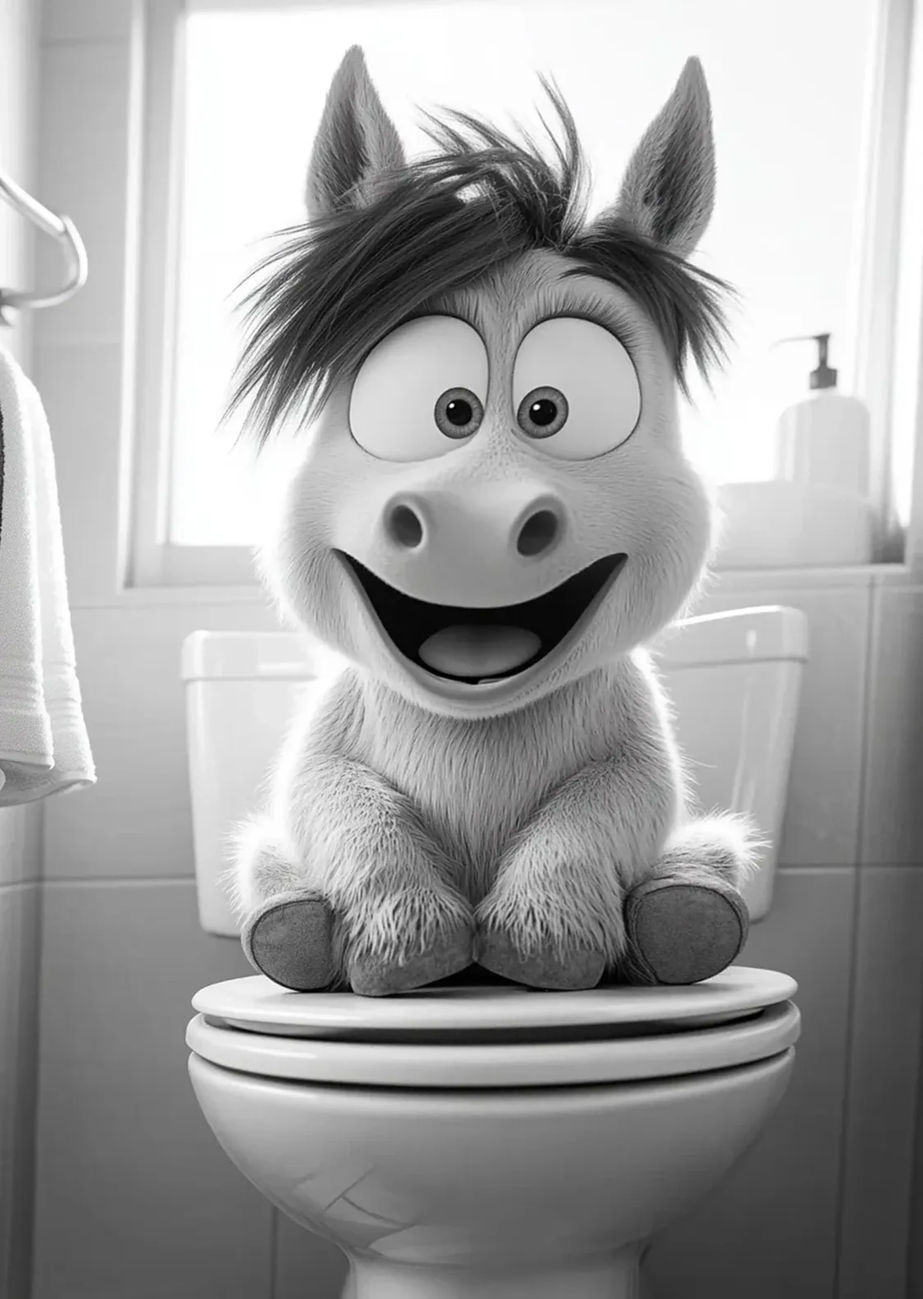 Lächelndes Comic-Pferd mit dunkler Strubbelmähne auf einem Toilettendeckel im hellen Bad in Schwarz-Weiß.