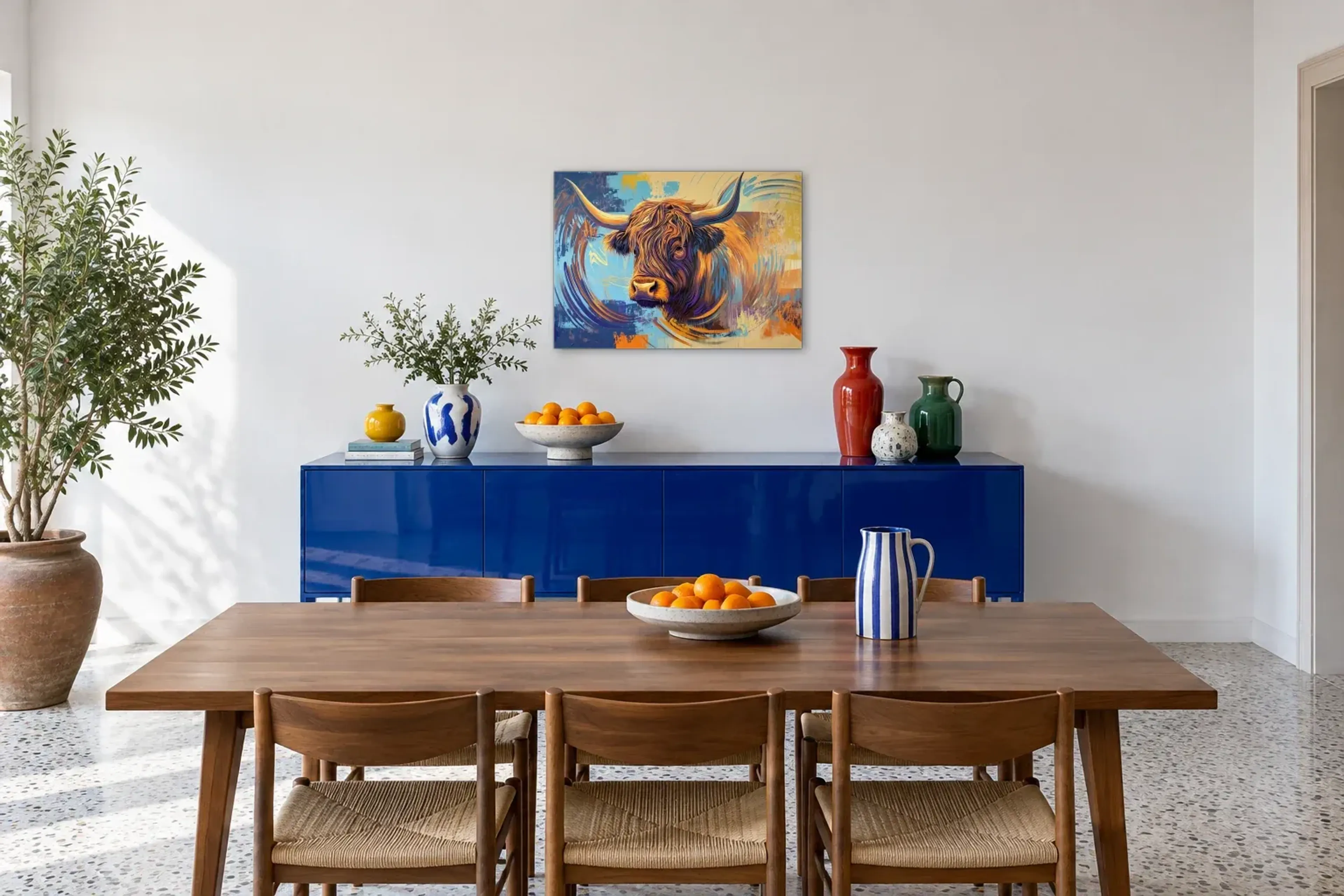 Hochlandrind im Farbschwung als Wandbild über einem 180-cm-Sideboard