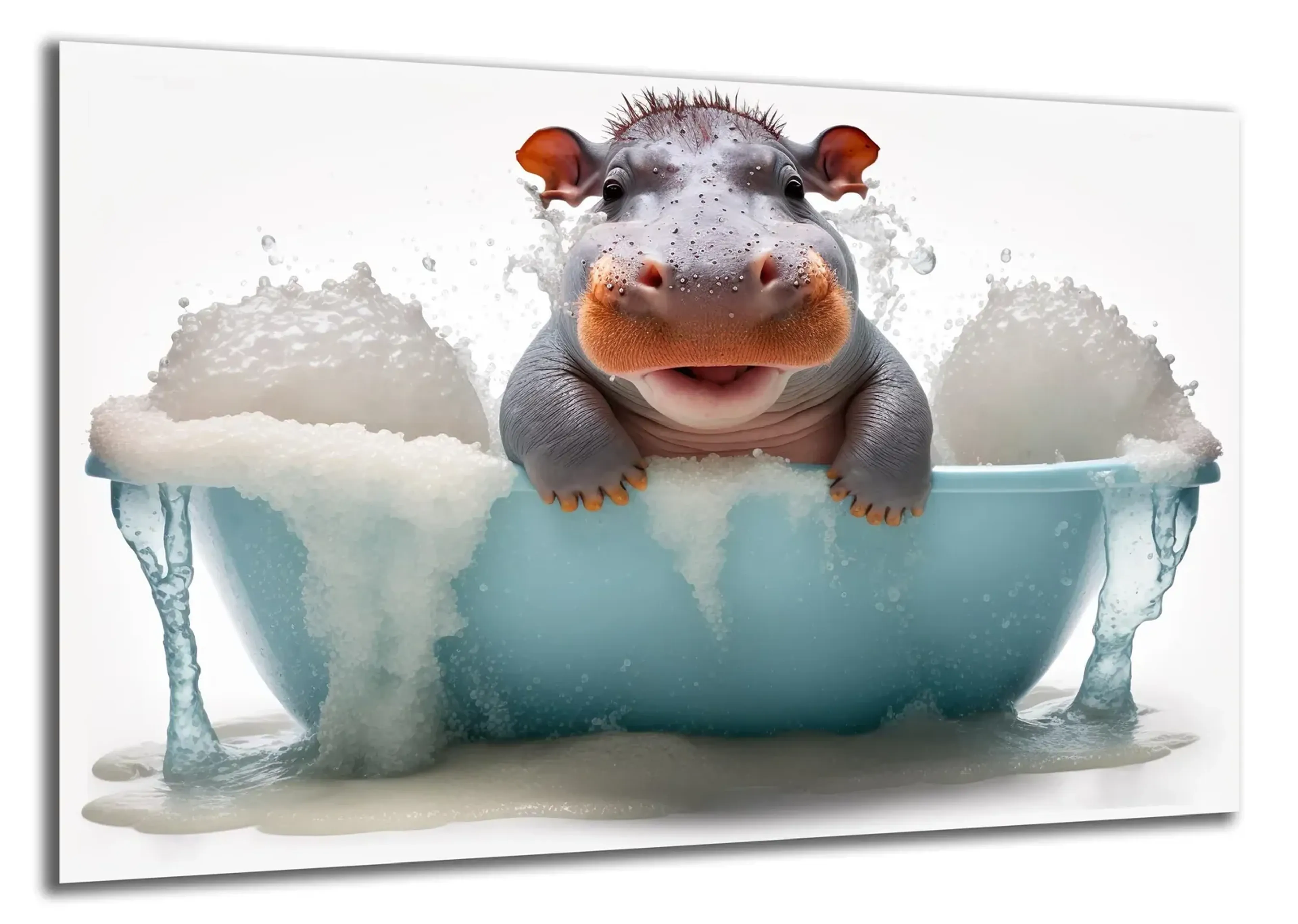 Kleines Nilpferd mit geöffnetem Maul in einer türkisfarbenen Wanne, über deren Rand Schaum und Wasser laufen.